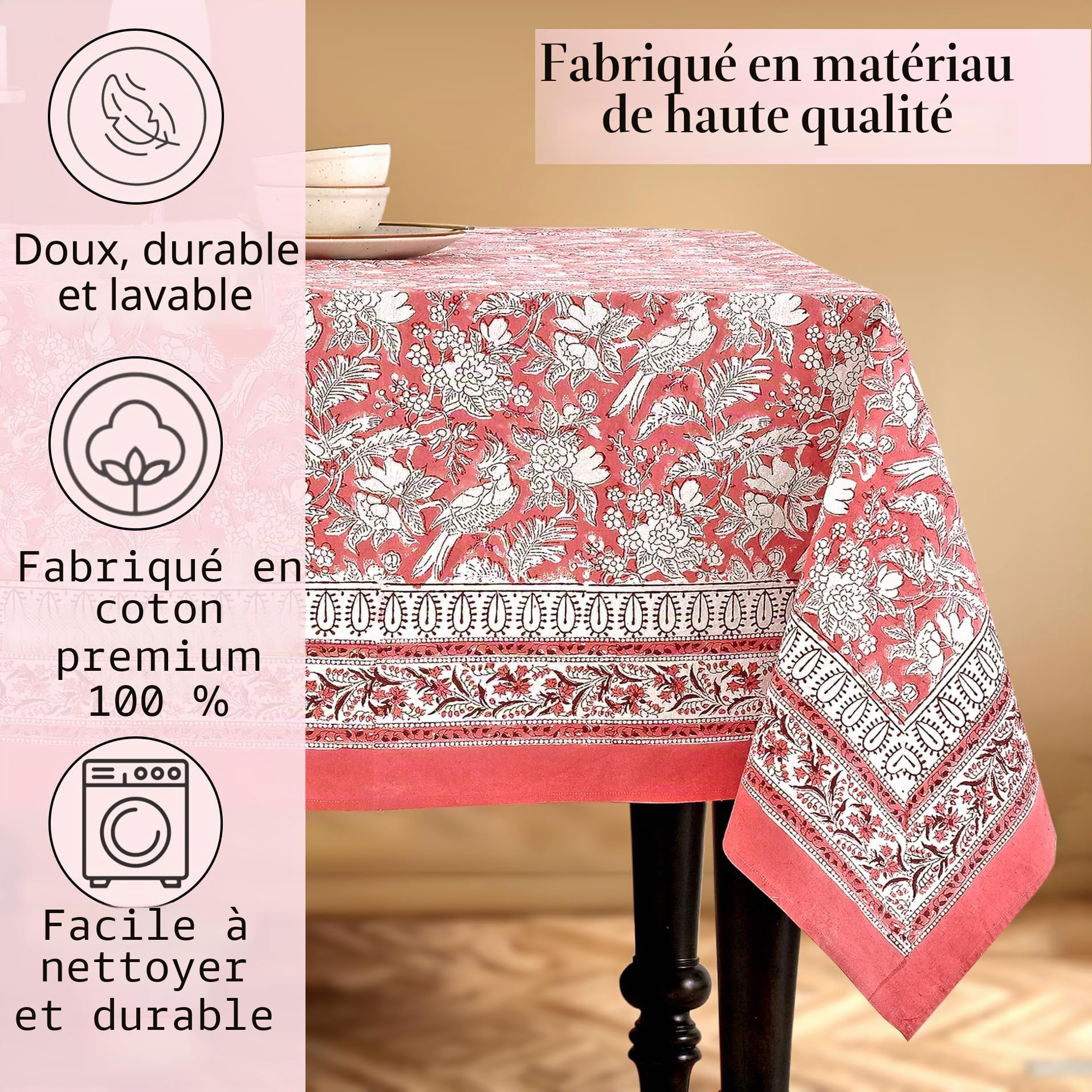 CPC COTTON PRINT CLUB Nappe Indienne 6 Places 152,4 x 228,6 cm 100% Pur Coton, Rouge Rubis Indien, imprimé à la Main