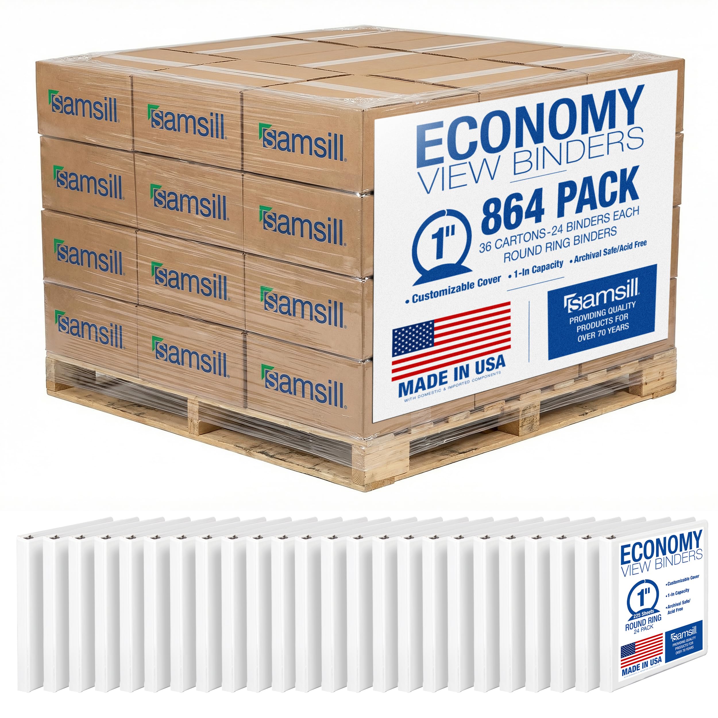 Samsill 1 Inch 3 Ring Binders, Made in USA, Economy Round Ring with Clear View Cover, 200 Sheet Capacity, White, Pallet of 864 Binders in 36 Cartons