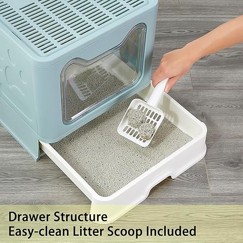 Miniatura 3 de Gefryco Caja de arena plegable grande para gatos con tapa, bandeja de arena para gatos de entrada superior de alta cara con cuchara para gatos