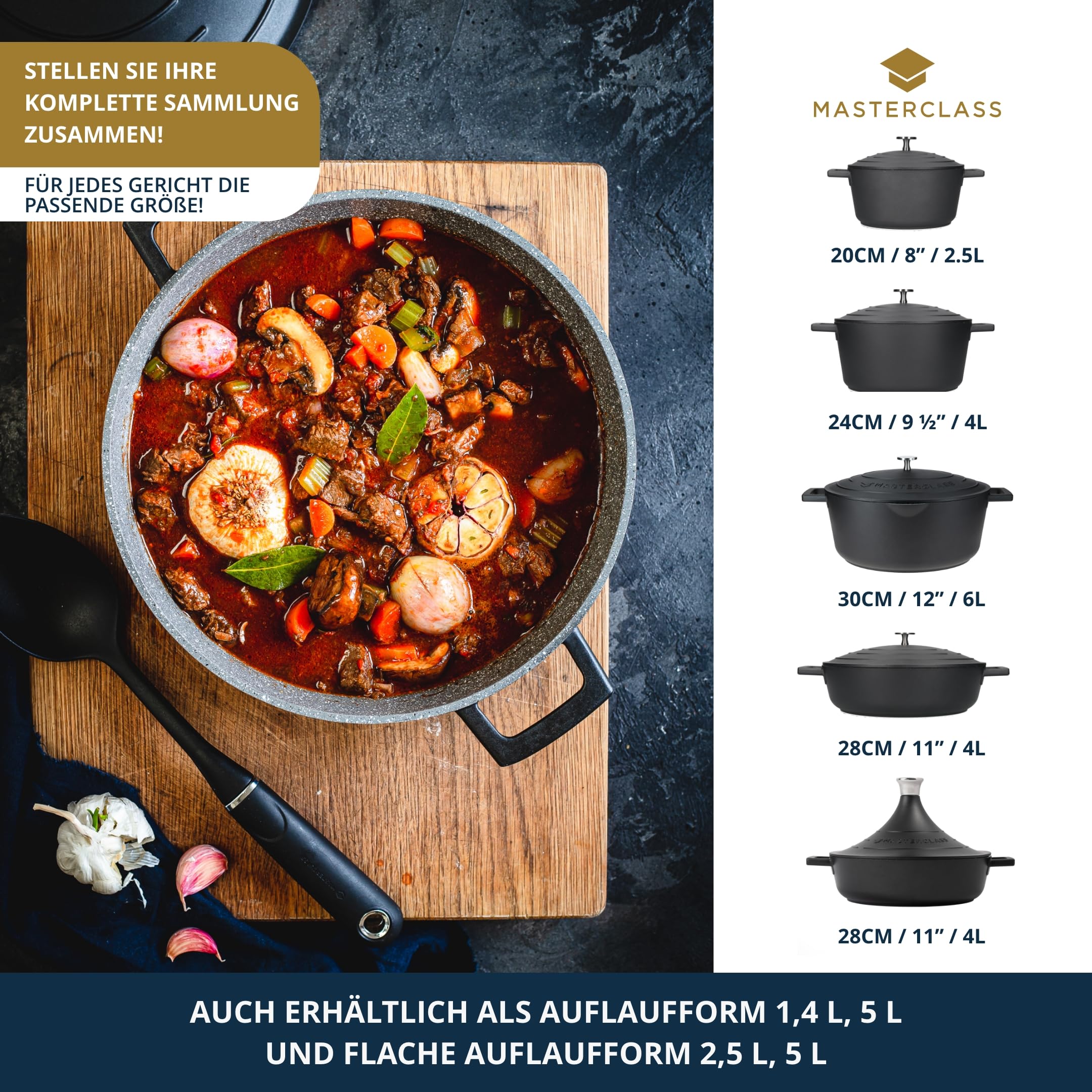 MasterClass Tajine-Form aus Aluminiumguss mit selbstbindendem Kegeldeckel, 4 l, Antihaftbeschichtung, rund, Induktion, Herd, Kochgeschirr, spülmaschinenfest, ofenfest, 28 cm, Schwarz