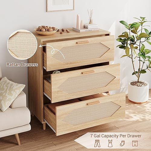 Miniatura 5 de GarveeHome Cómoda de 3 cajones, cómoda para dormitorio, cómoda moderna de ratán, cómoda de madera, armarios de almacenamiento de madera para