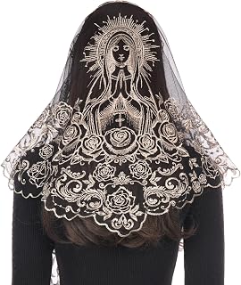 Catholic Veils for Women Mass, Triangle Virgin Mary Floral Lace Mantilla Chapel Veil Church Head Coverings with Clips