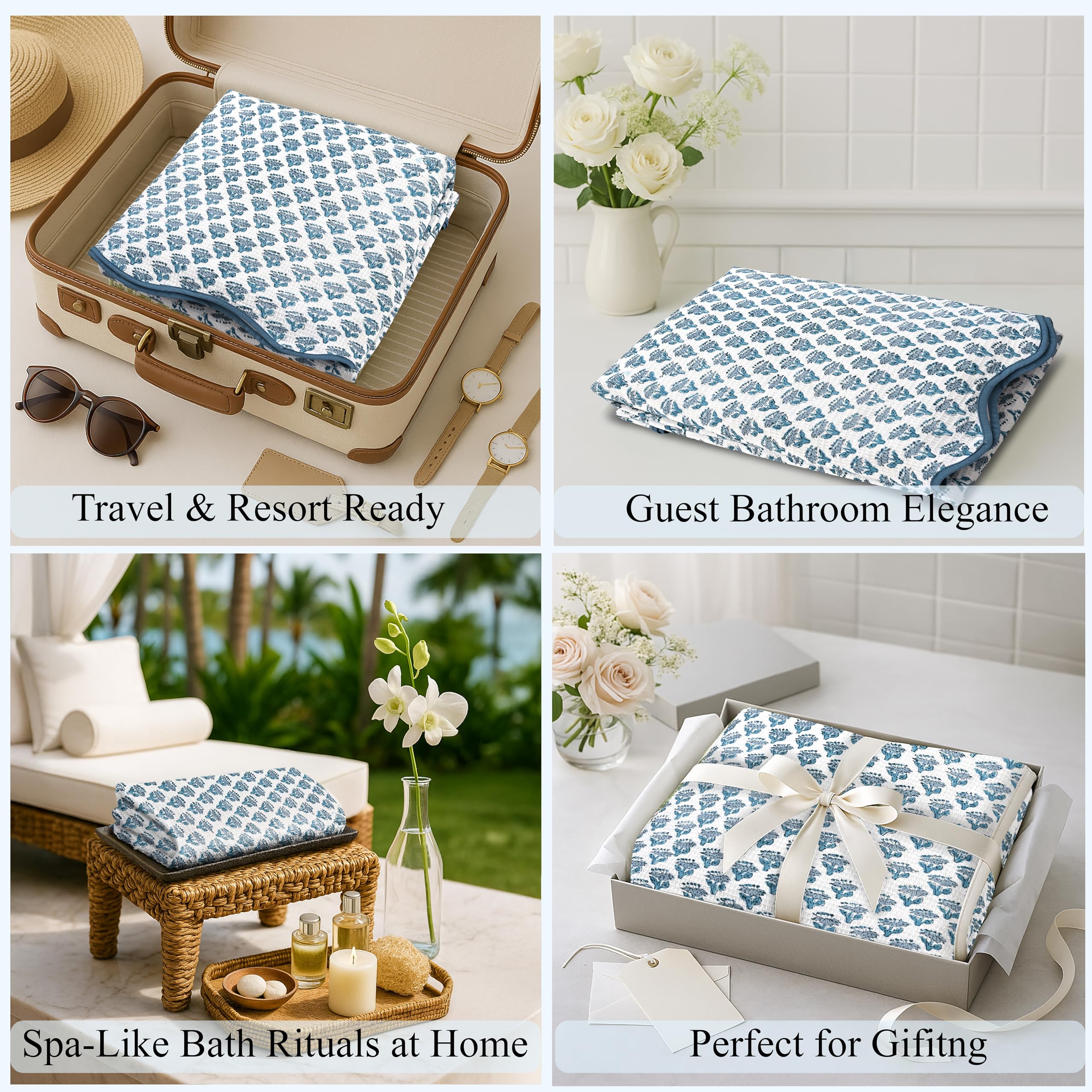 CPC COTTON PRINT CLUB Apatite - Juego de 2 toallas de baño de algodón con estampado de bloques azules de 68 x 137 cm, juego de 2 toallas bohemias, suaves, de secado rápido, ligeras y absorbentes para