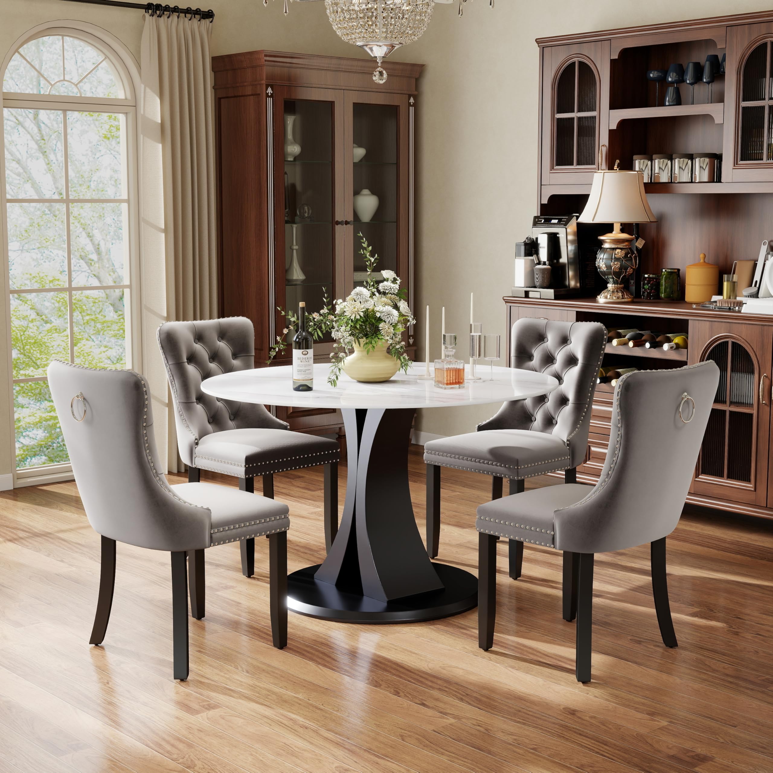 5-Piece Dining Table Set with 39In Faux Marble Table and 4 Velvet Upholstered Chairs, Modern Scandinavian Furniture for Dining Room Kitchen(Gray)