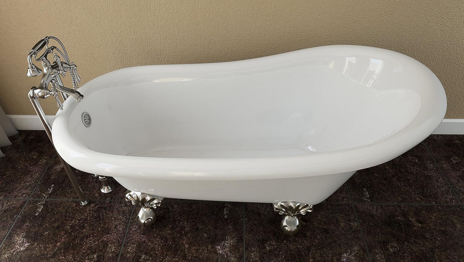 Gеt Chеар Prісе Luxury 60 inch Clawfoot Tub with Vintage Slipper Tub Design in White, includes Brushed Nickel Ball and Claw Feet and Drain, from The Brookdale Collection