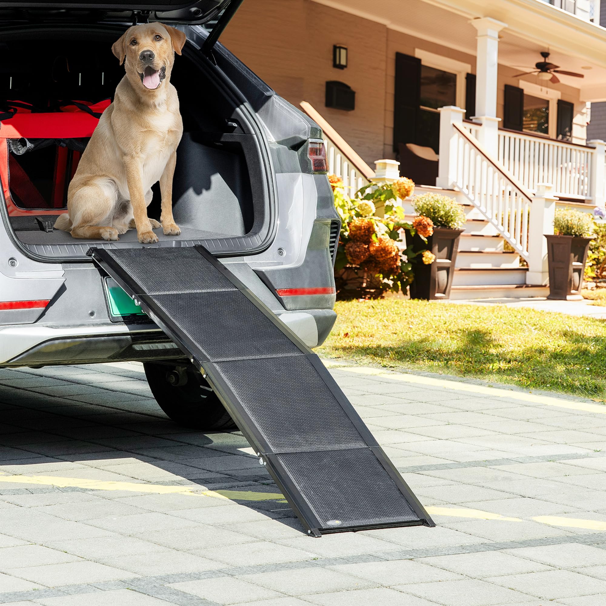 PawHut Rampa para Perros Plegable con Superficie Antideslizante Rampa para Mascotas para Coche de Aluminio con Asa y Gancho Carga 80 kg 158x43,5x2,5 cm Negro