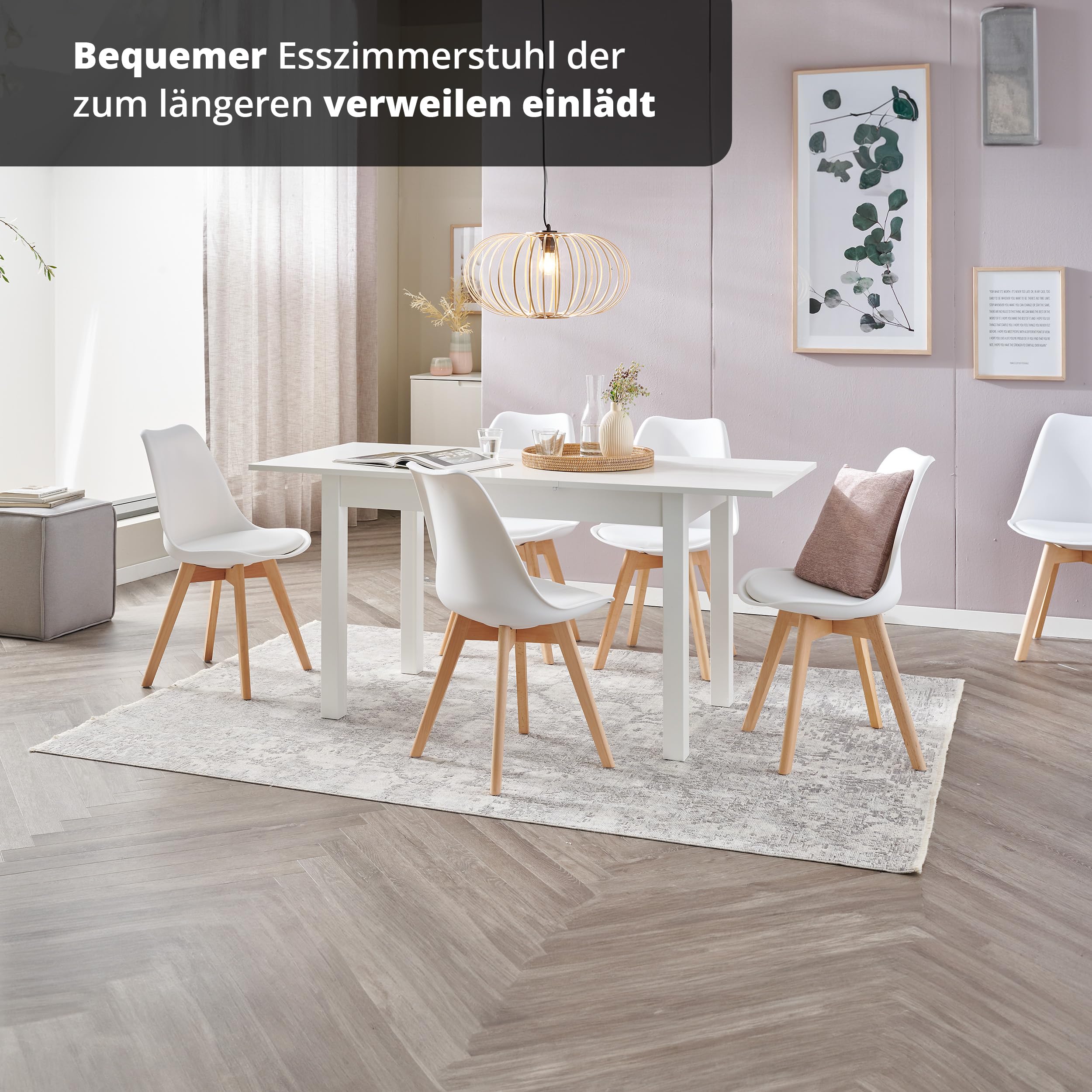 KHG Esszimmerstuhl Polsterstuhl Skandi Look - Stuhlbeine Massivholz Buche, Kunststoff Sitzschale, gepolstertes Kunstleder-Sitzkissen, modern & pflegeleicht, belastbar bis 150 kg - Weiß