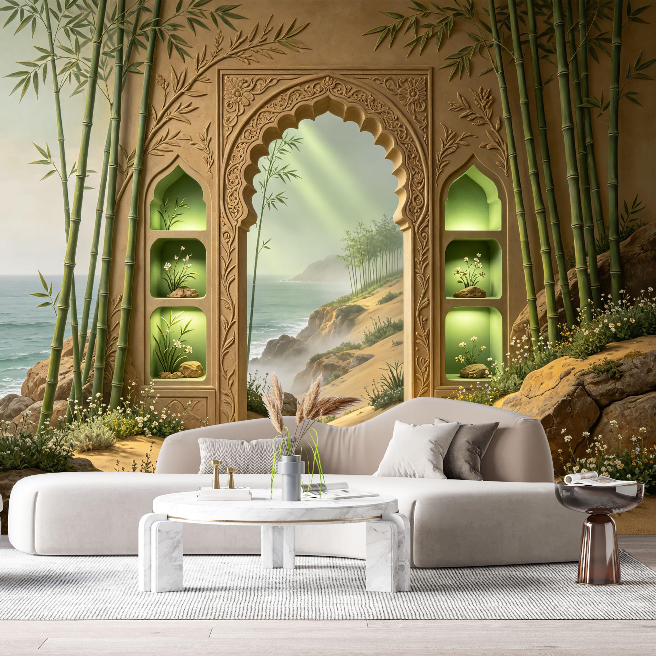 Custom Size Wall Murals Fantasy Landscape Coastal Misty Ocean Arch 3D Trompe L'Oeil SelfAdhesiveWall Fabric Removable Wallpaper Wall Decor for Living Room Bedroom Bathroom