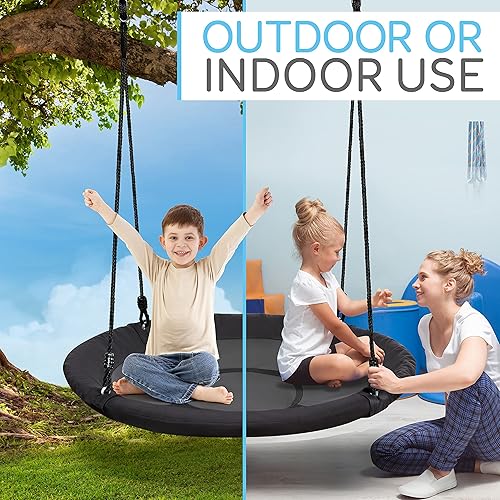 Miniatura 9 de SereneLife Columpio de platillo con kit para colgar, columpio de árbol al aire libre con giratorio giratorio para niños (negro)