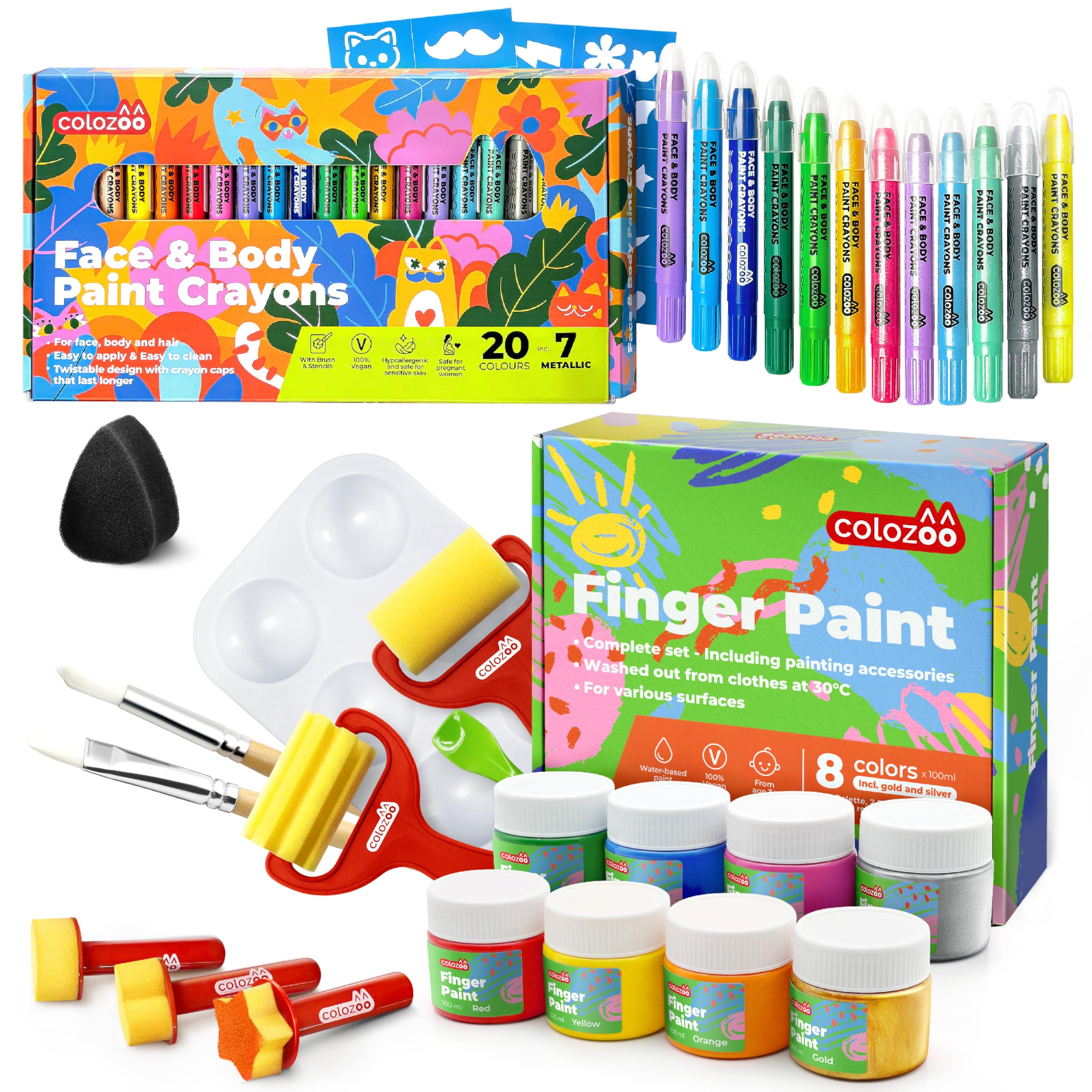 colozoo Fingerfarben & Schminkstifte Set für Kinder | 48-teiliges XXL Kreativset Ungiftig & Vegan | Kindergeburtstag & Fasching Malset