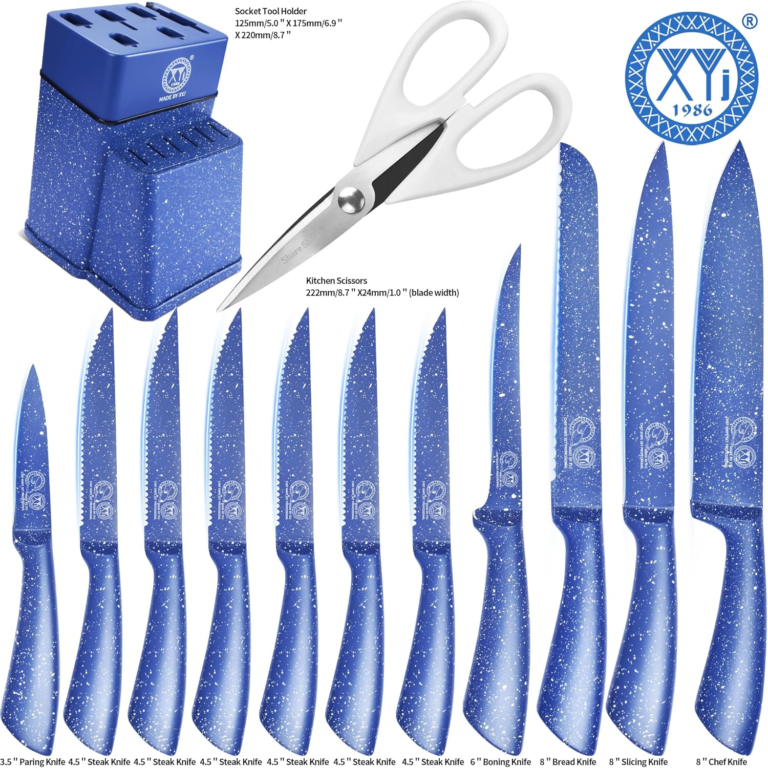 XYJ Authentic Since 1986,Kitchen Knife Block Set, Professional Japanese Chef Knife Set with Holder, Steak Knives, Stainless Steel Paring Bread Fish Boning Carving Slicing Knife,Blue - Image 9