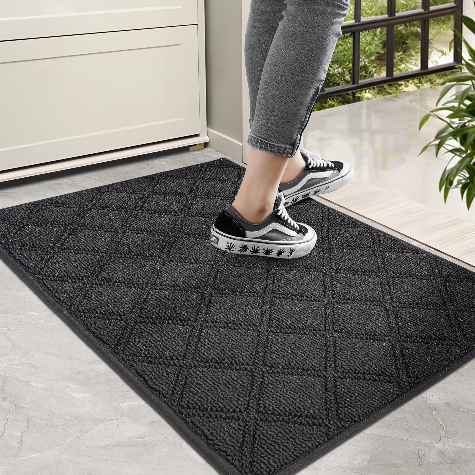 Tapis d'entrée absorbant et lavable paillasson mince antidérapant marron