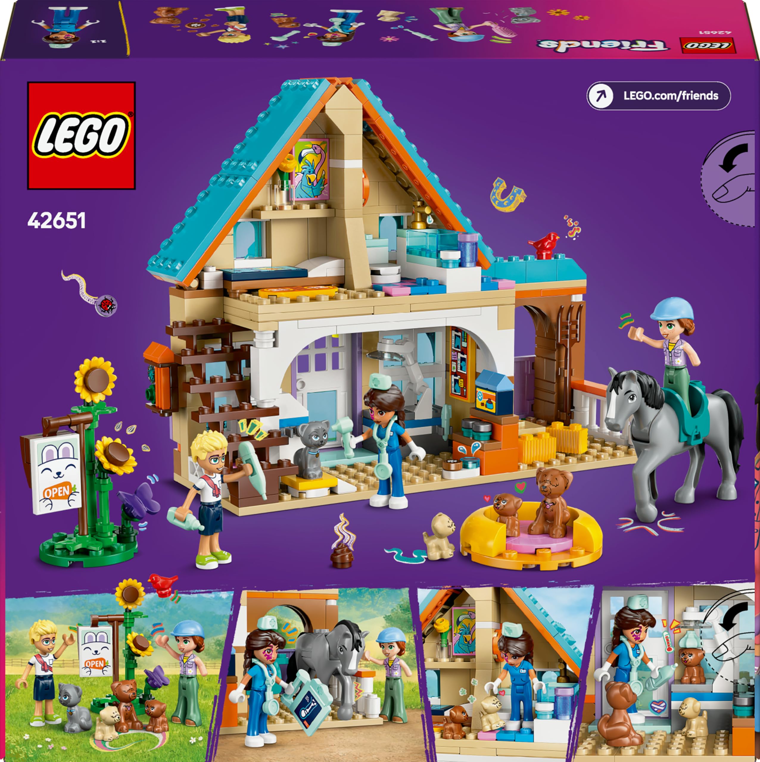 LEGO Friends Cavallo e Clinica Veterinaria Giocattolo per Animali Domestici - con Cavallo, Gatto, 3 Cani, 3 Mini Bamboline, Stalla e Accessori - Regalo di Compleanno per Bambine da 6 Anni - 42651