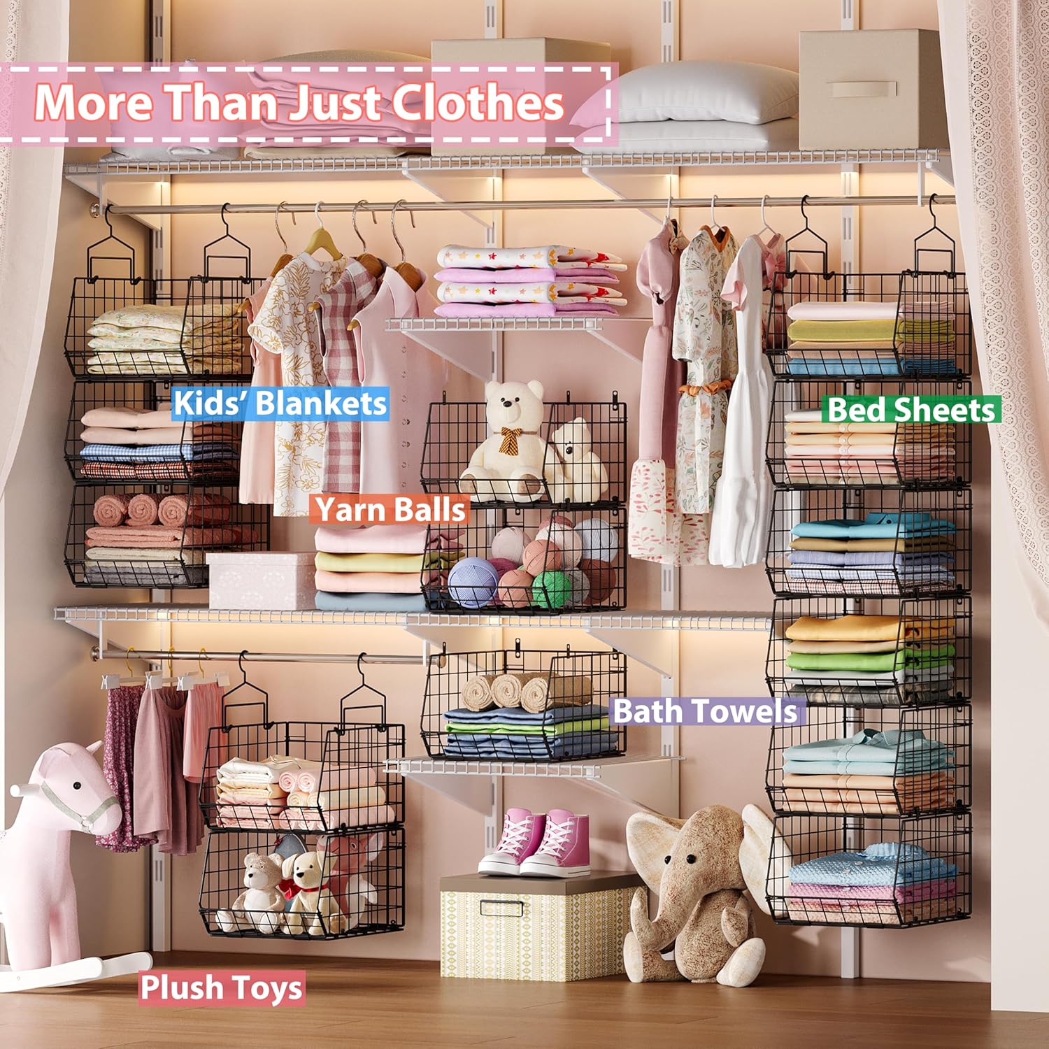 6-Tier Extended Depth Hanging Closet Organizers and Storage for Closet Organization, Stackable Hanging Shelves with Hooks for Clothes Sweaters Towels Purses, Fits Closet Shelves & Wire Metal Shelving