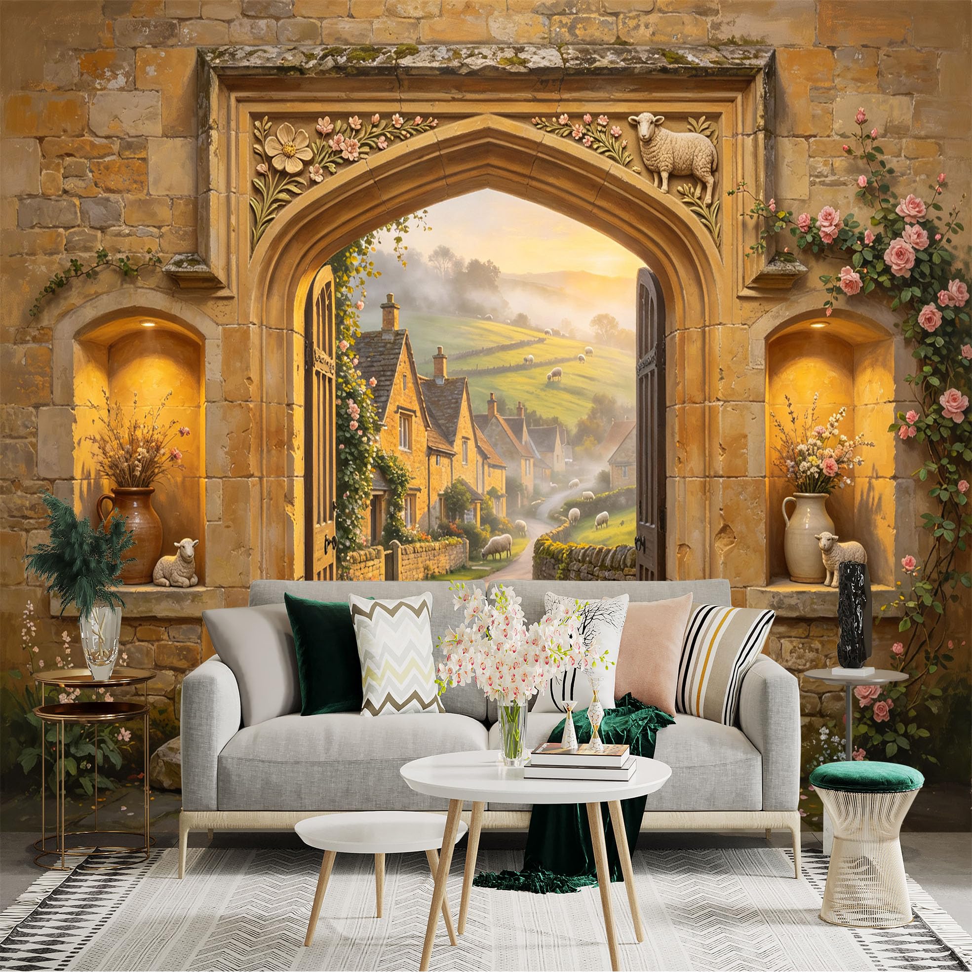 Custom Size Wall Sticker Mural， Rustic Countryside Village Path with Stone Arch and Sheep， for wall Decoration， peelandstick wall Decals.