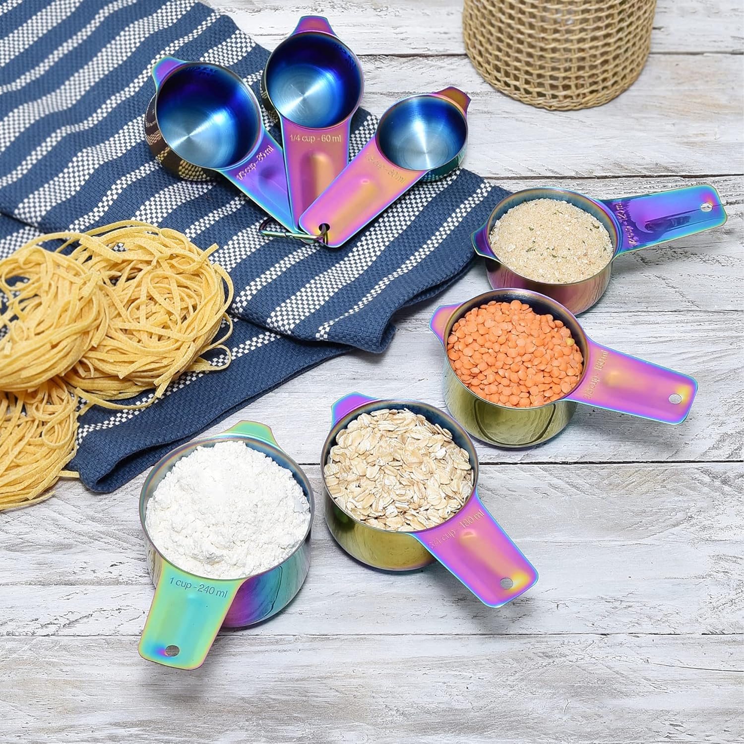 Kich 14 Piece Iridescent Rainbow Stainless Steel Measuring Cups and Spoons Set Magnetic Metal Kitchen Conversion Chart Included Large Small and Mini Scoop Cute Colorful Design