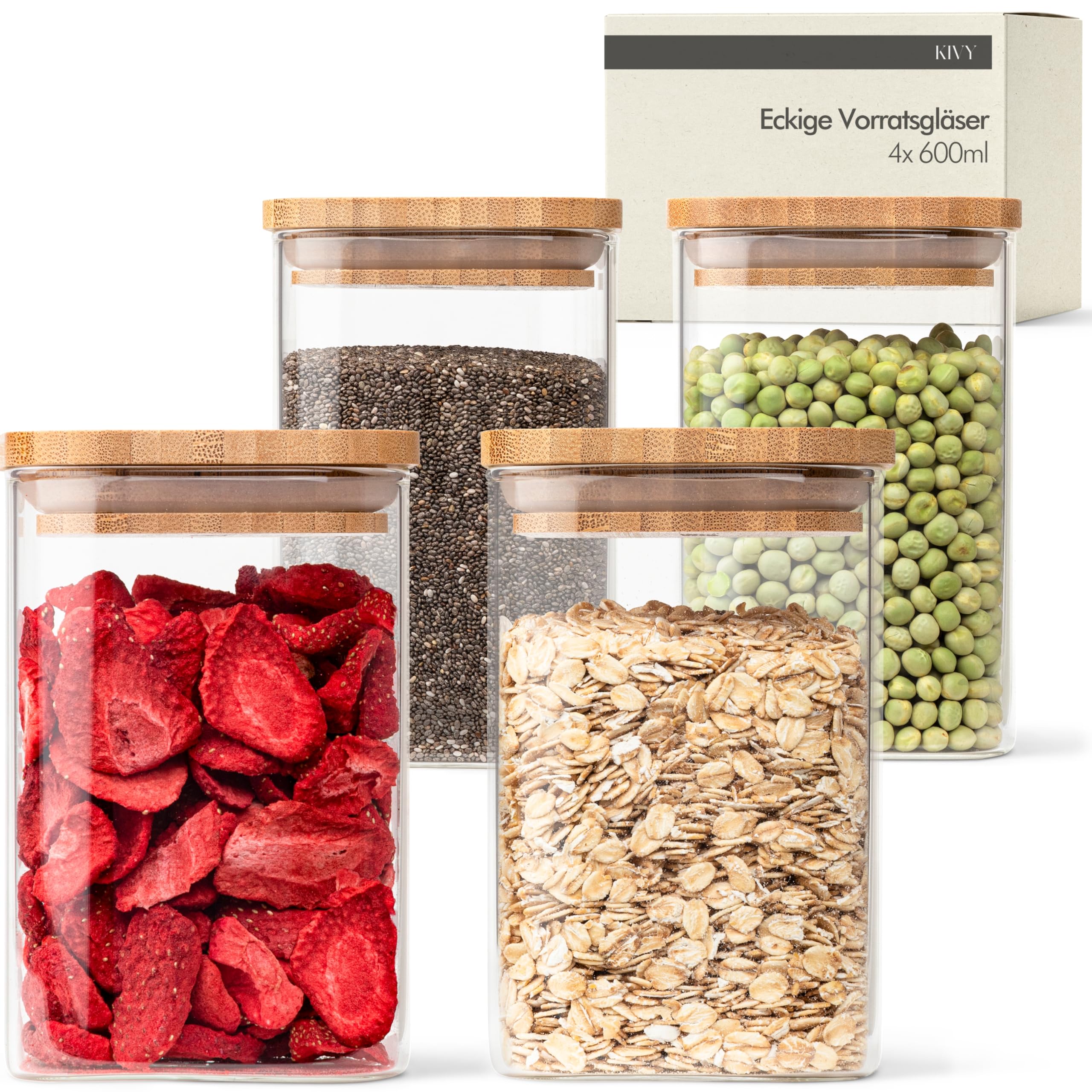 Kivy Bamboo Storage Jars Square (, 4 X 600 Ml)