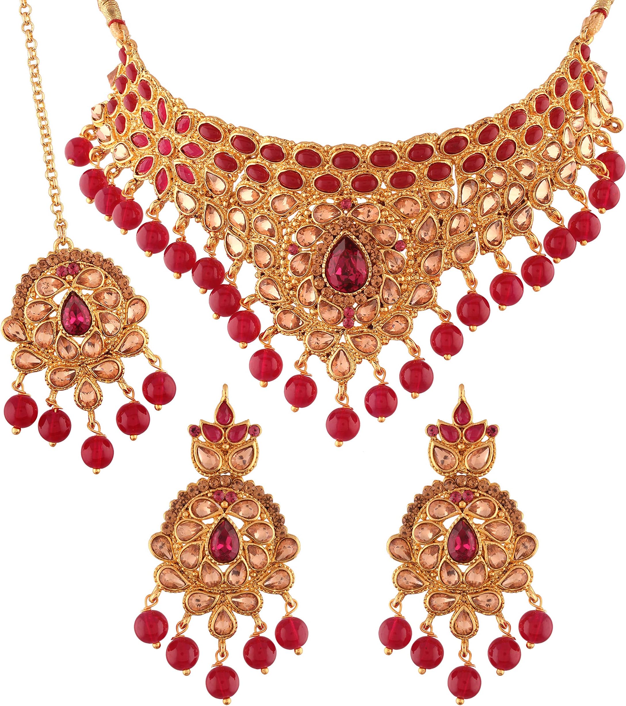 Gold Plated Traditional Kundan Choker Necklace Set with Earrings & Maang Tikka For Women (K7073M)