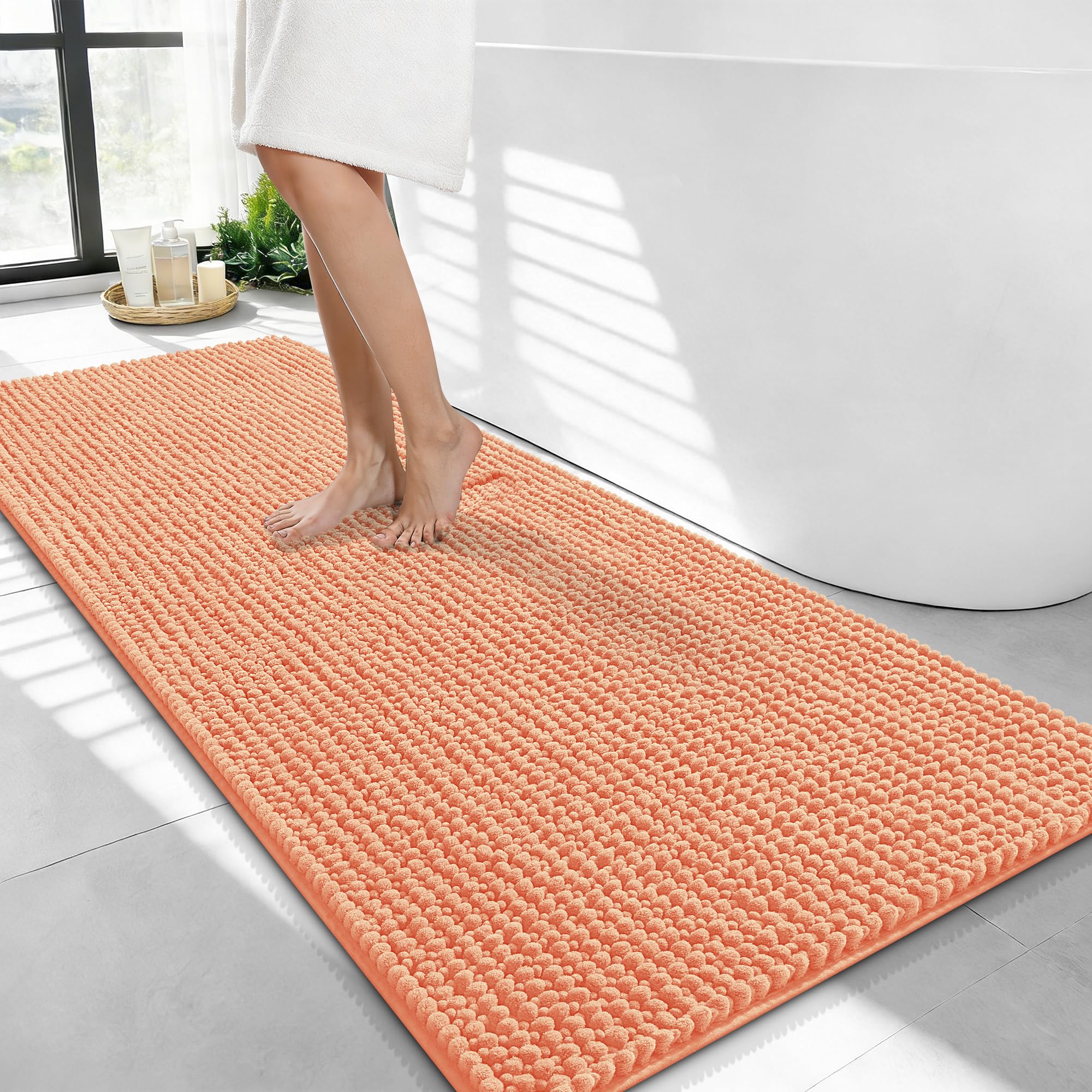 OLANLY Thick Chenille Bathroom Runner Rugs 44x24, Absorbent Bath Mat, Peach
