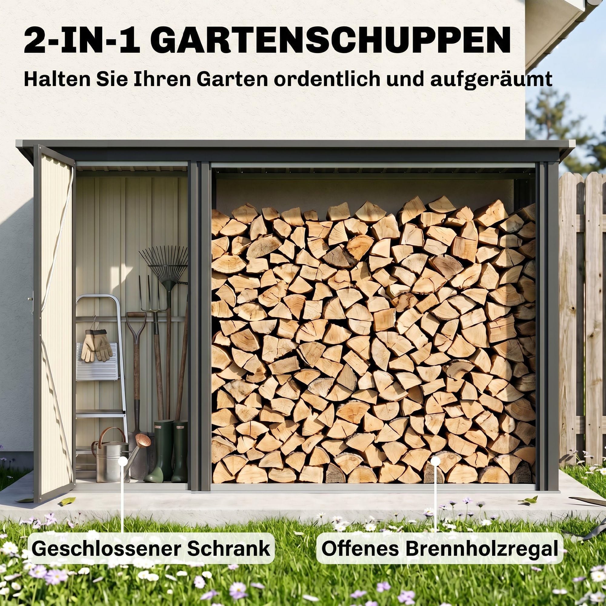 Outsunny 2-in-1 Kaminholzregal Geräteschrank 235x67x149 cm Dunkelgrau | Verzinkter Stahl, Schrägdach, Außen Brennholzregal, Kaminholzunterstand, Brennholzlager, Brennholzunterstand