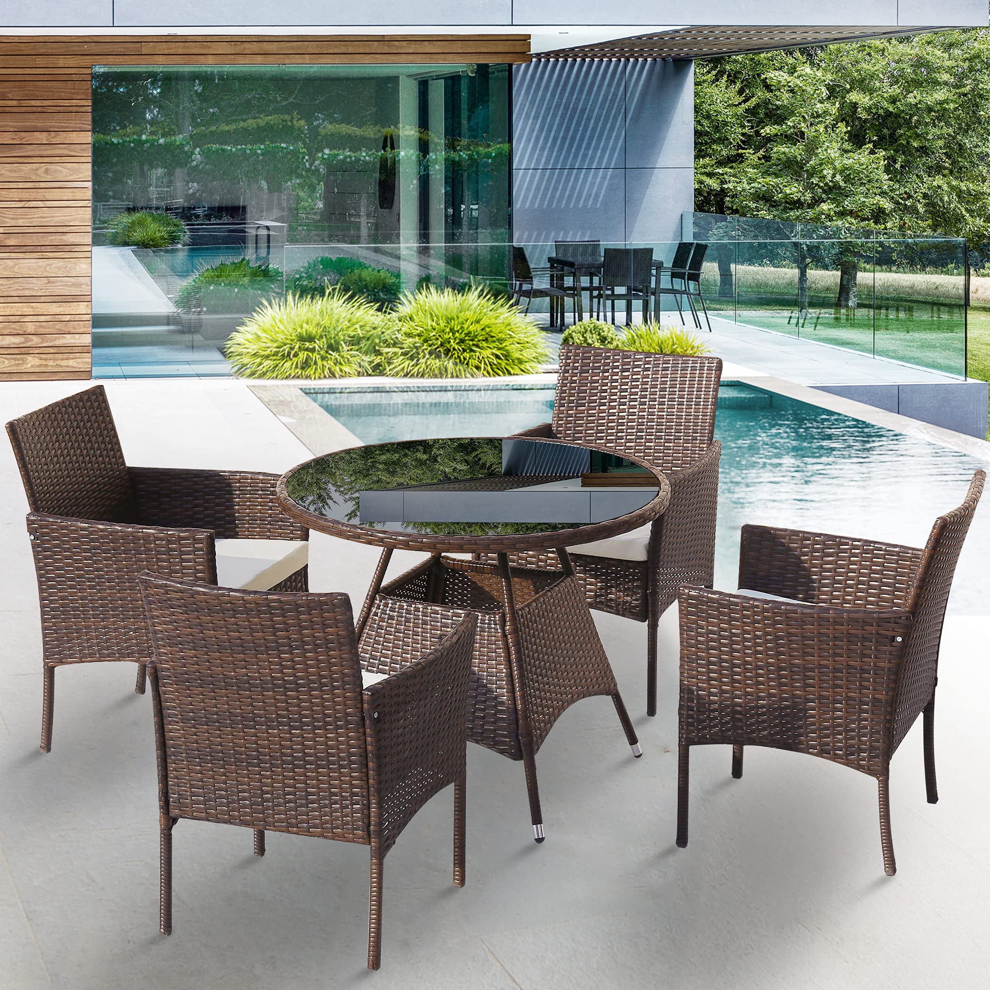 Buy MOWIN 5 Pieces Outdoor Garden Rattan Furniture Set 4 Seater Round