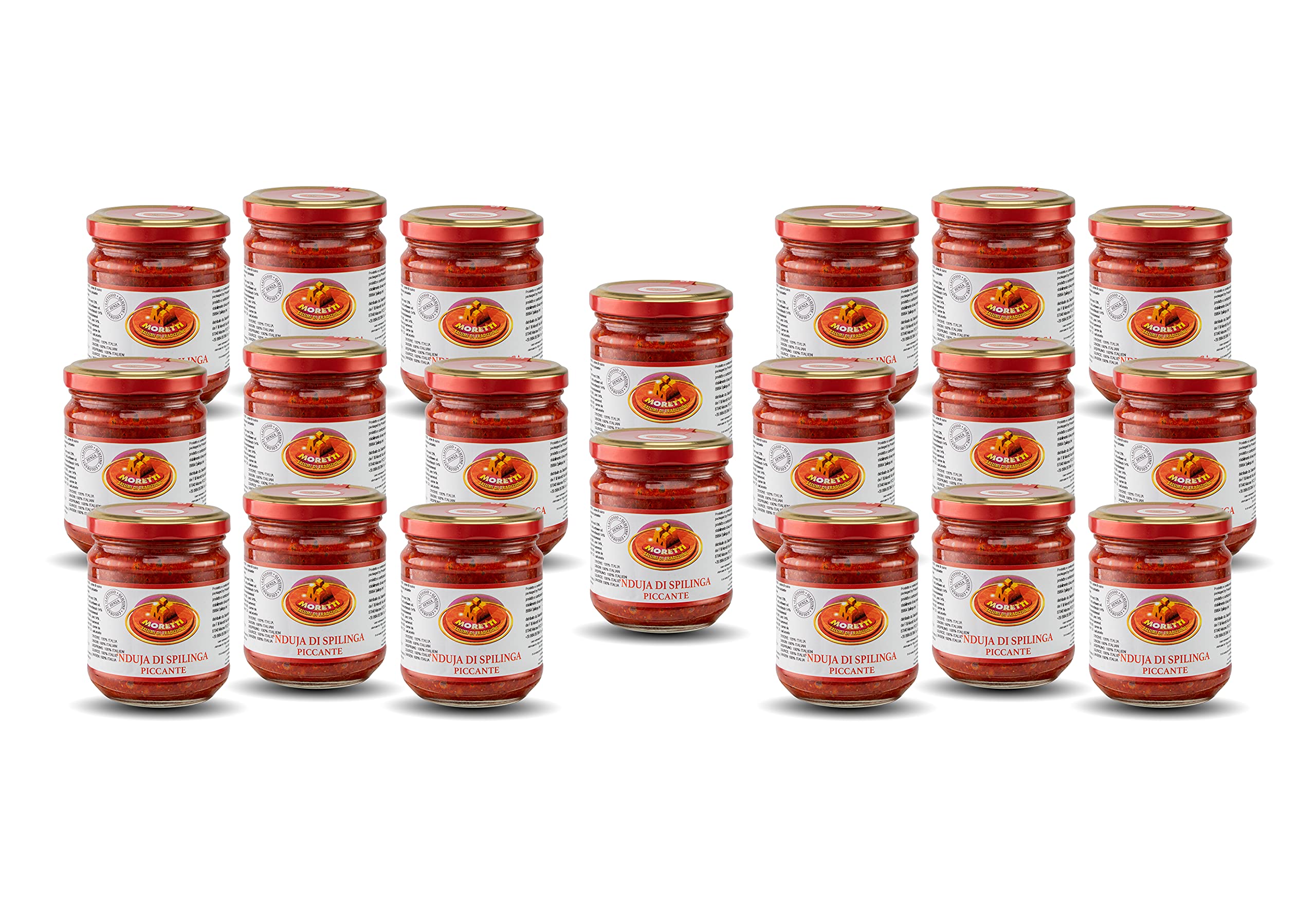 Moretti® Nduja Calabrese Picante Artesano y Original SIN OGM Salami Untable y Cremoso en Tarro de 180gr (20 Piezas)