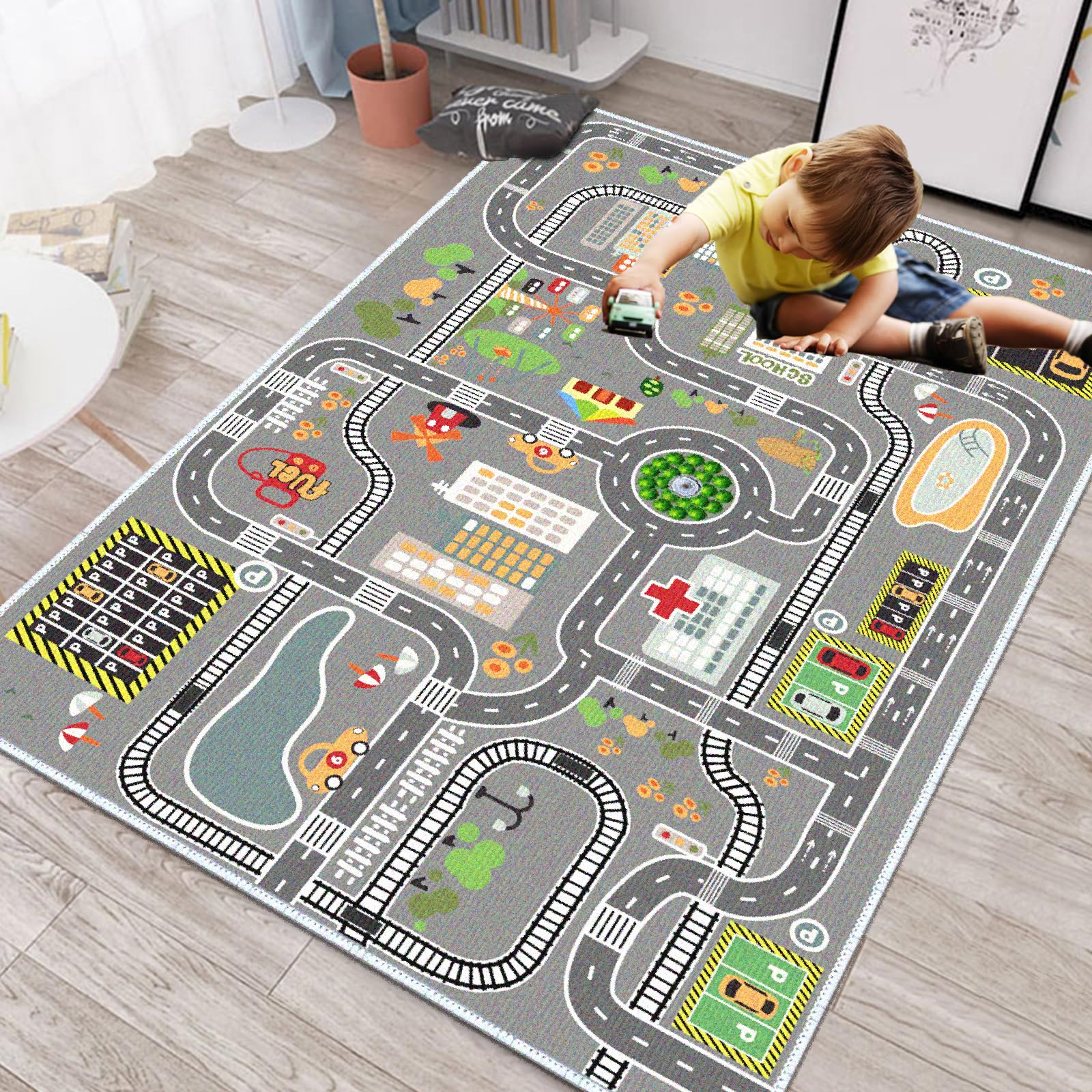 Tapis Circuit Voiture Enfant - Tapis De Jeux Enfant Avec 9 Pièces Petite Voiture Camion Jouet