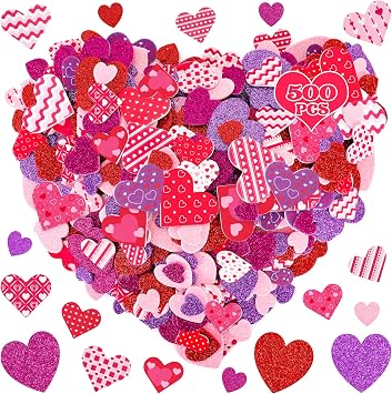 500 PCS Valentines Stickers, Self-Adhesive Foam Heart Stickers for Craft Lovers, 3 Sizes Glitter Polka Dots Stripe Valentines Decor, Bulk Valentine Crafts Red Pink DIY Decor for Frames Presents Cards