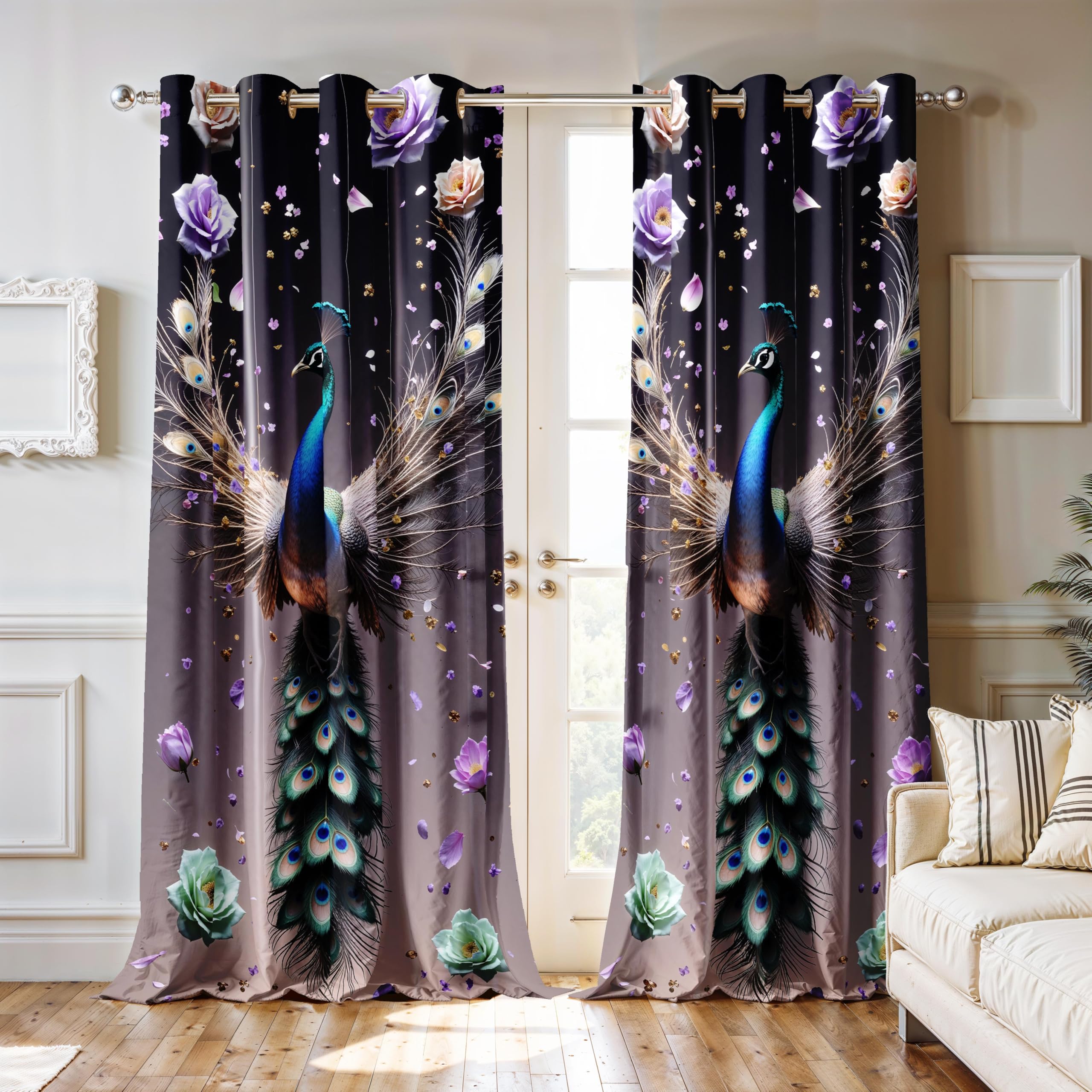 Ultimate Trends Room Darkening Digital Printed Peacock Prints Curtain 65-70% Opacity,Diamond Eyelets, Tie Back, 5 FEET Pack of 2,Pewter Gray & Black-image-10