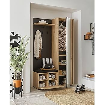 Set Ingresso In Rovere Sonoma Bianco Con Specchio - Armadio, Panca E Appendiabiti 145x184cm, Moderno - Foto 5