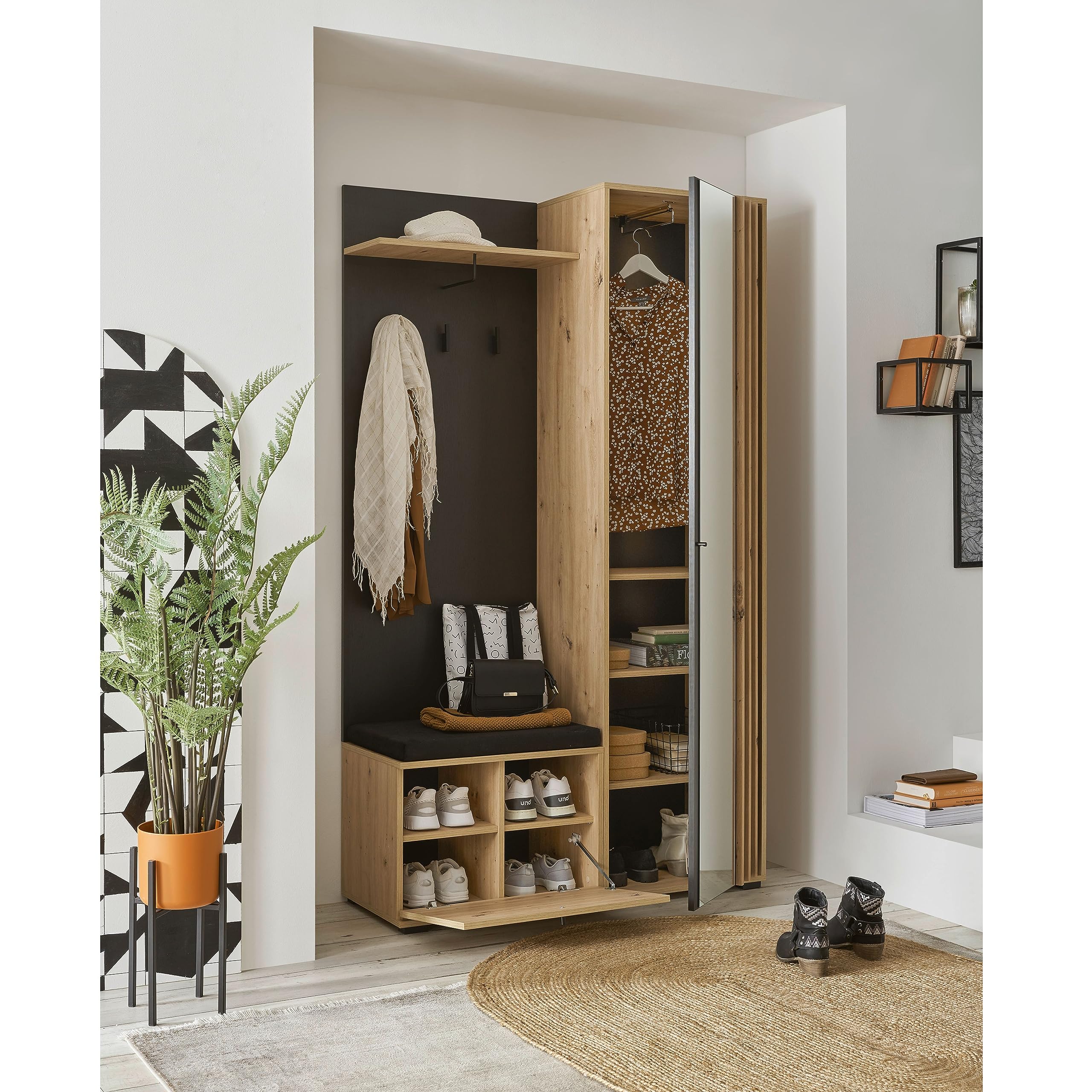Stella Trading VOLANO Flurgarderoben Set in Artisan Eiche Optik, Schwarz - Moderne Kompaktgarderobe mit Spiegel für Ihren Eingangsbereich - 114 x 197 x 40 cm (B/H/T)