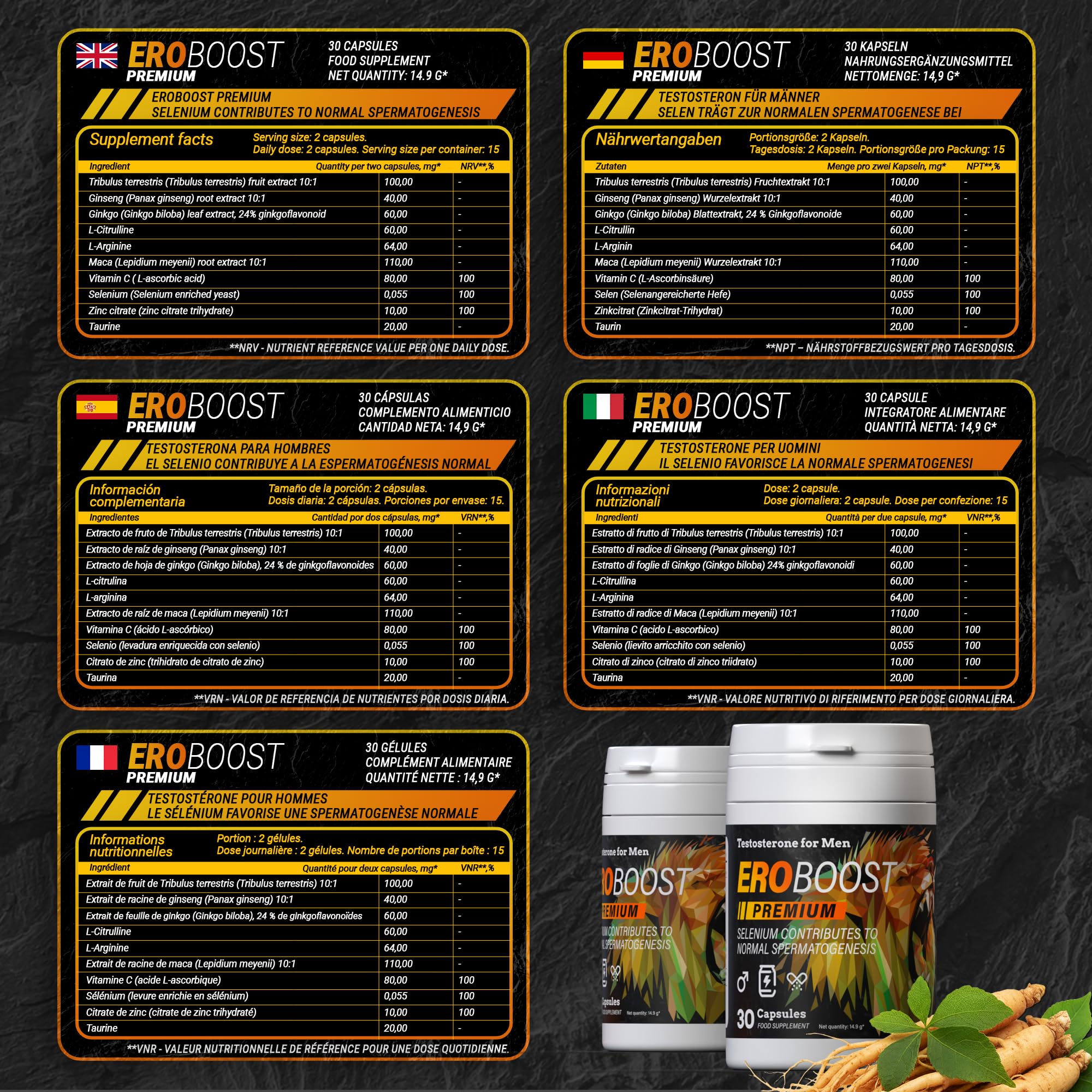 Eroboost Complemento natural para la vitalidad masculina, equilibrio hormonal y energía psicofísica, 30 cápsulas