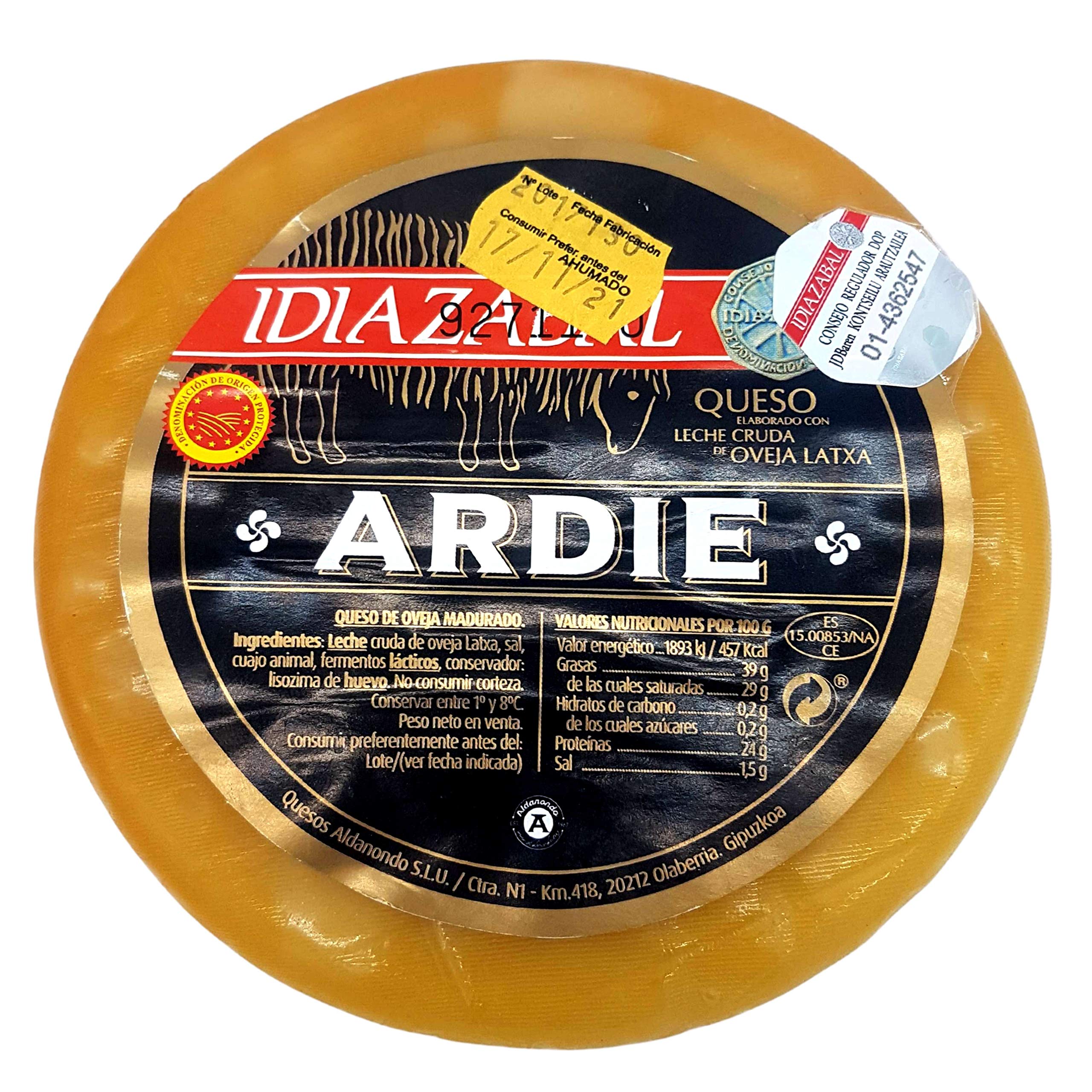 Queso Idiazabal Ahumado Aldanondo Ardie - Elaborado con Leche Cruda de Oveja Latxa - Peso Aproximado 1000 gramos - ideal para tapa, ración, ensalada, tosta, relleno, salsas y postres.