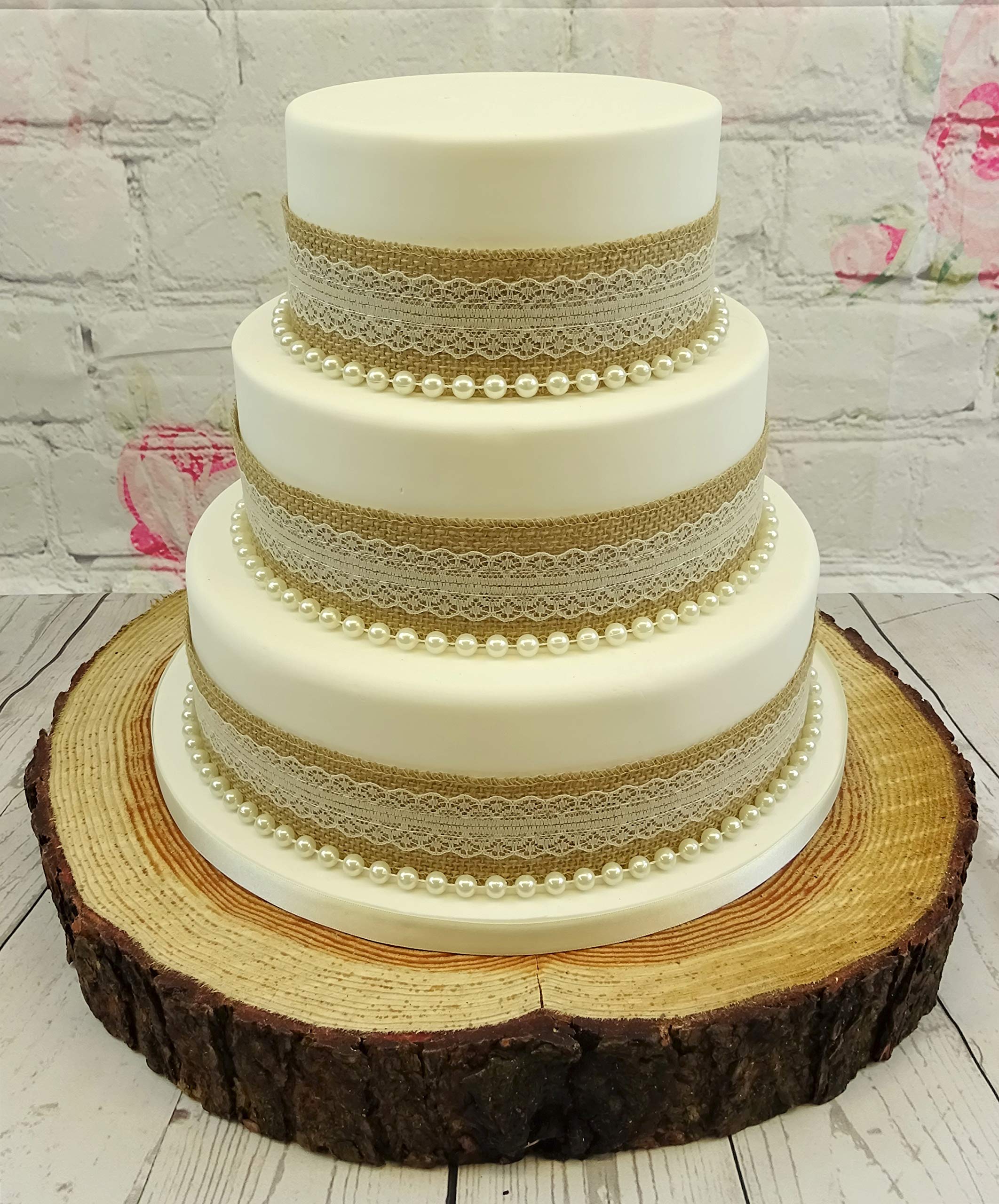 The Cake Emporium Ltd White Vintage Rustic Wedding Cake – 50Mm Hessian & Lace Ribbon With Pearls Cake Topper Set