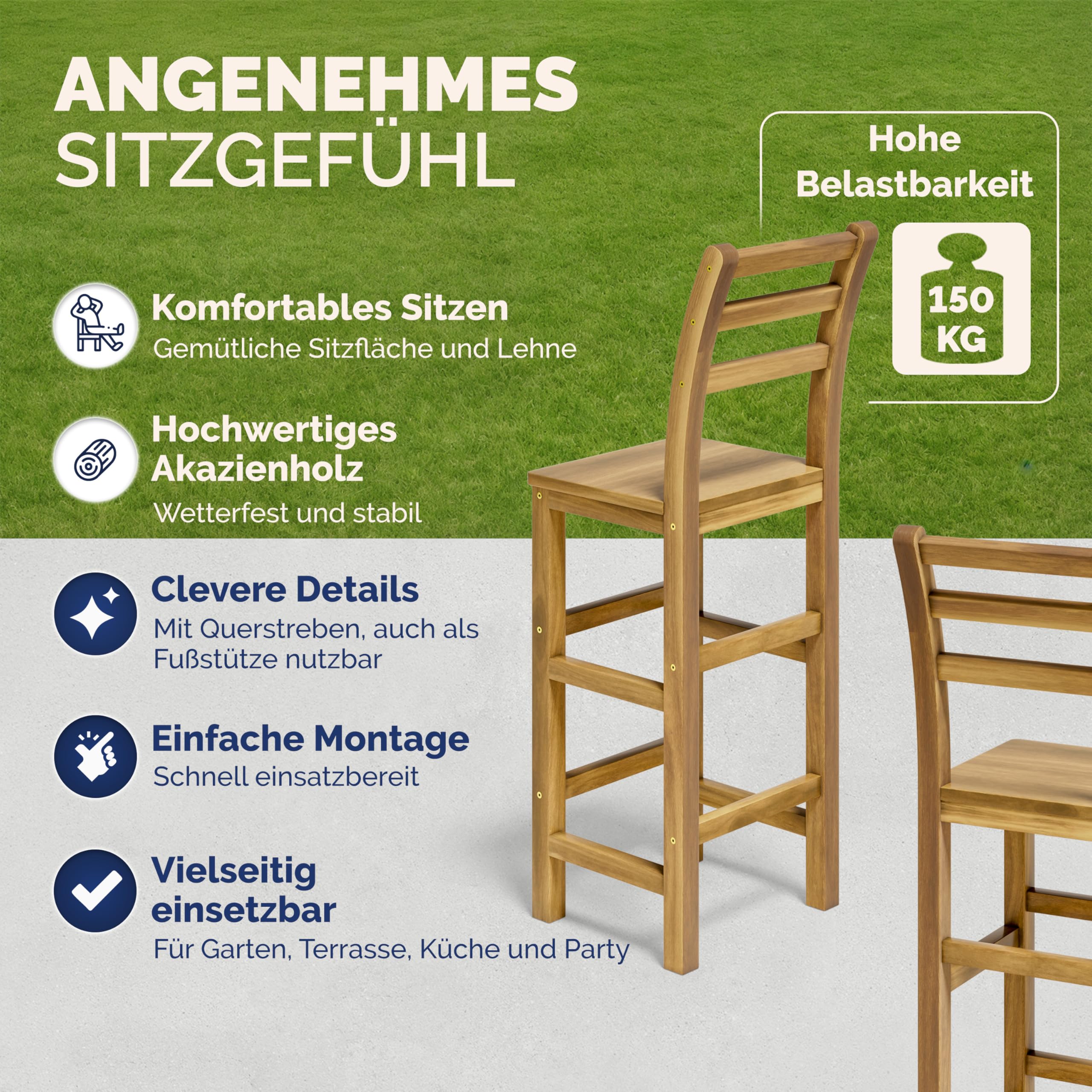 Casaria® Set 4 Sgabelli Rustici in Legno con Schienale per Esterno 75cm con Poggiapiedi Sgabello Bar Giardino Cucina
