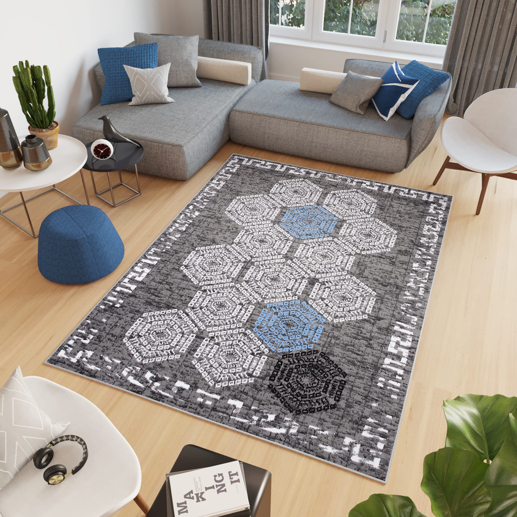 TAPISO Atena Tapis de Salon Chambre Ado Design Moderne Gris Bleu Blanc Noir Motif Grec Bordé Fin Poil Court 140 x 200 cm