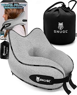SNUGL Travel Pillow – Memory Foam Pillows - Neck Pillow for Airplane with Carry Bag & Clip – Neck Support Pillows for Pain Relief - Airplane Travel Essentials (Adult Regular - Grey)