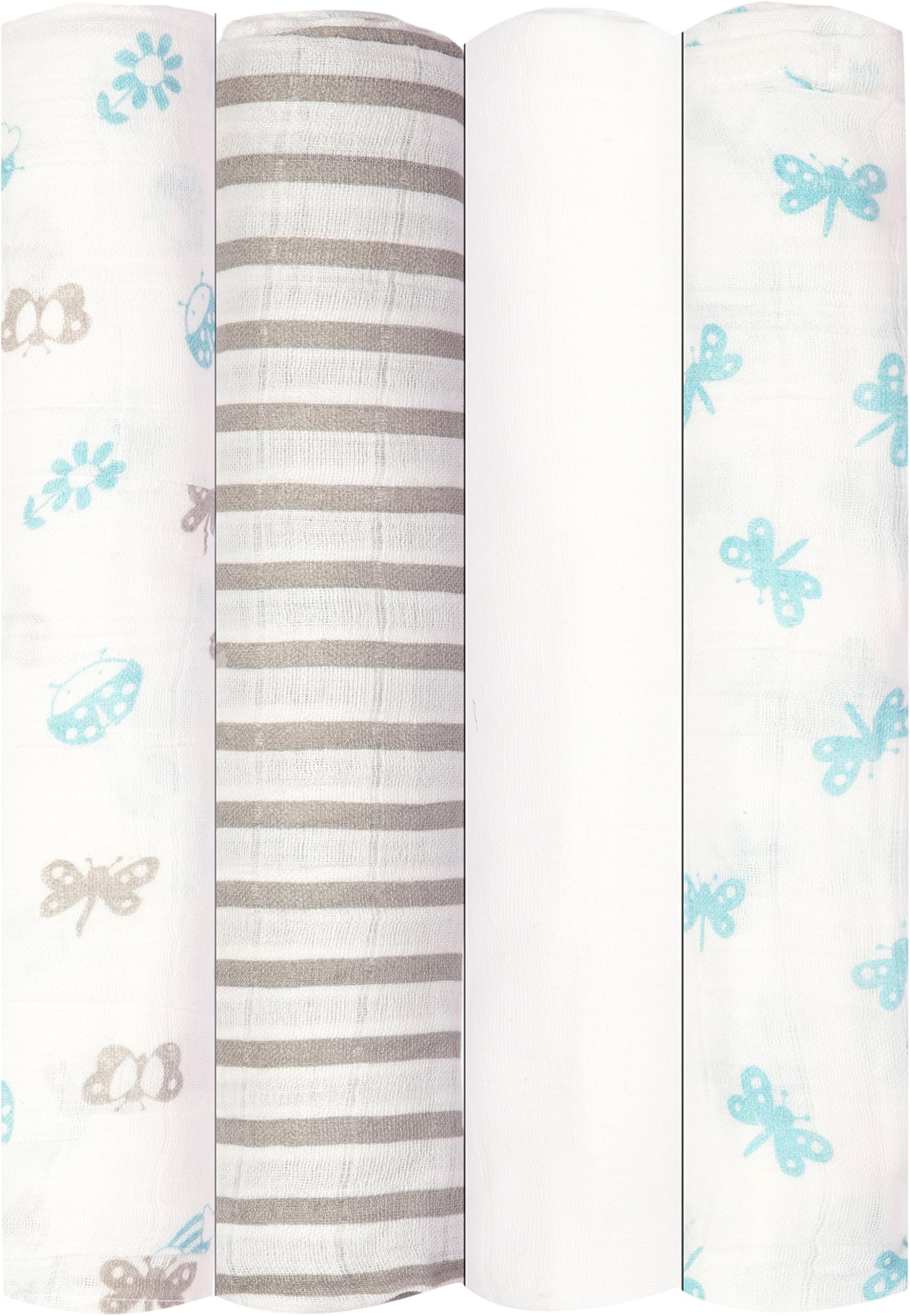 Babykin Organic Cotton Muslin Swaddle Blankets, Bug's Life (Blue), 4 Piece Pack
