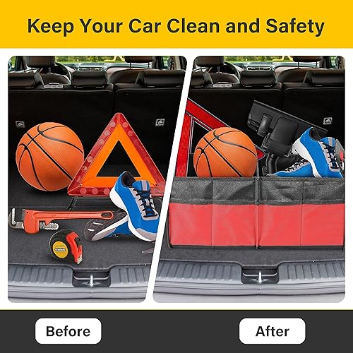 Miniatura 6 de YSSOA Organizador de maletero de automóvil con 2 compartimentos, poliéster Oxford impermeable 600D, antideslizante, 14 pulgadas de profundidad x 22