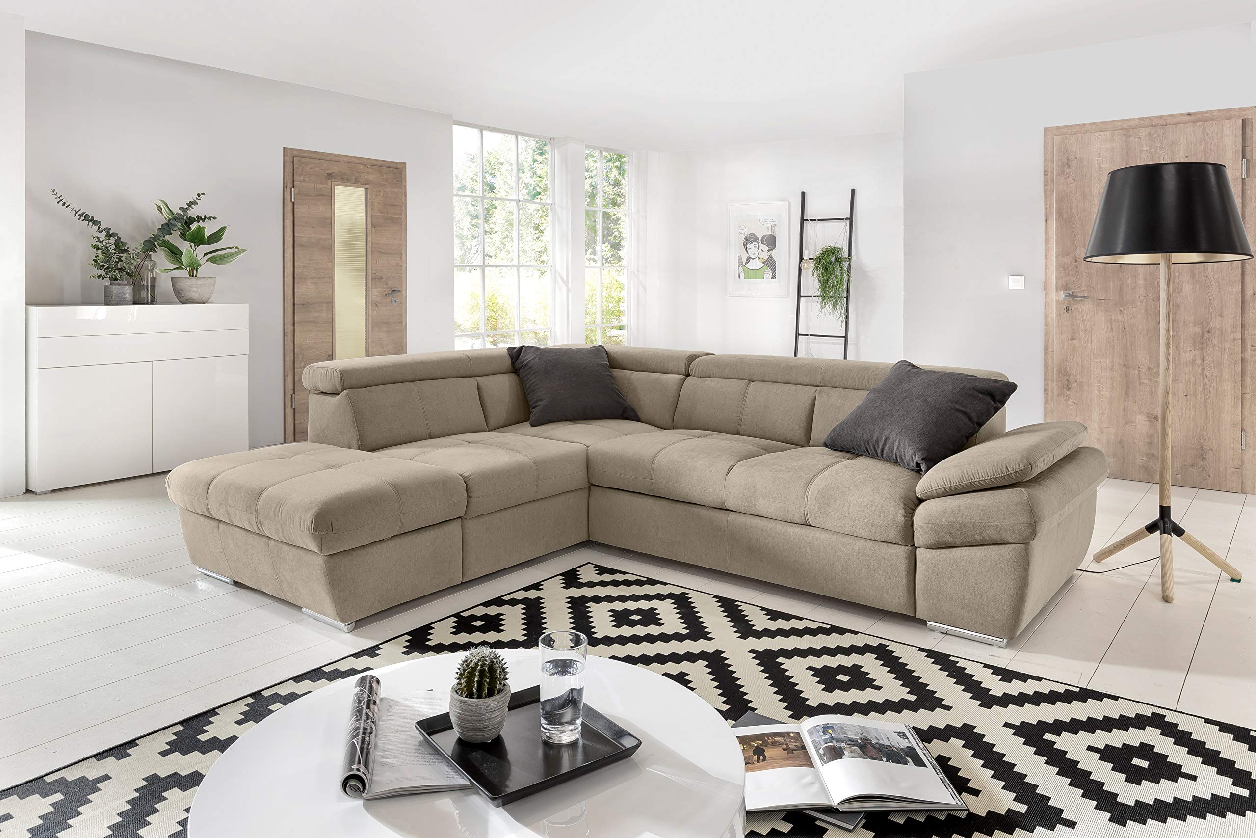 My Brand Divano Letto Angolare con Penisola Contenitore Sx Beige 265x218 cm | Microfibra nappata beige, funzione letto, penisola contenitore sinistra, divano soggiorno angolare, altezza 92 cm
