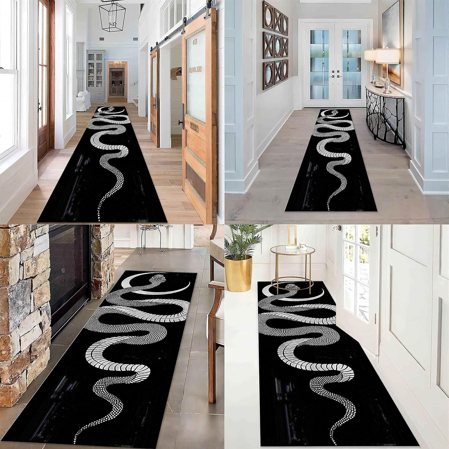 Snake Runner Rug, Black Boa Flower and Arrow Design Rugs with Moon Stars and White Spots on Body, Modern Non-Slip Washable Large Area White Hallway Long Carpets for Living Room Bedroom… (8, 2x7ft)