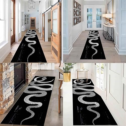 Miniatura 5 de Alfombra decorativa de serpientes, 2 x 7 pies, alfombra con estampado de luna de animal blanco y negro, alfombra antideslizante y lavable para sala