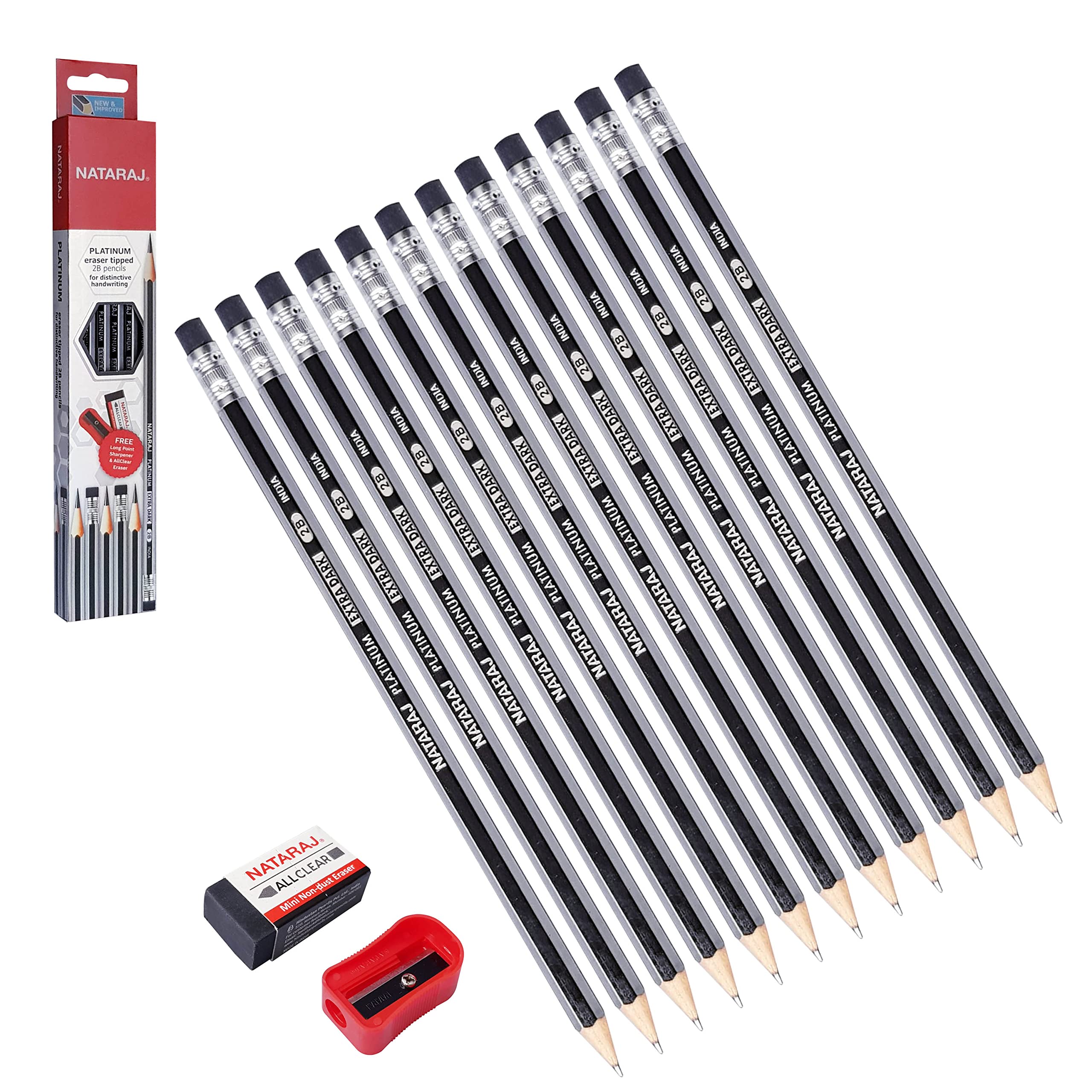 Nataraj Writing Pencils, Platinum, BLACK Bonded Lead, Pack of 24, 2B Wood Rubber Eraser Tip Dark Pencils, Sharpener