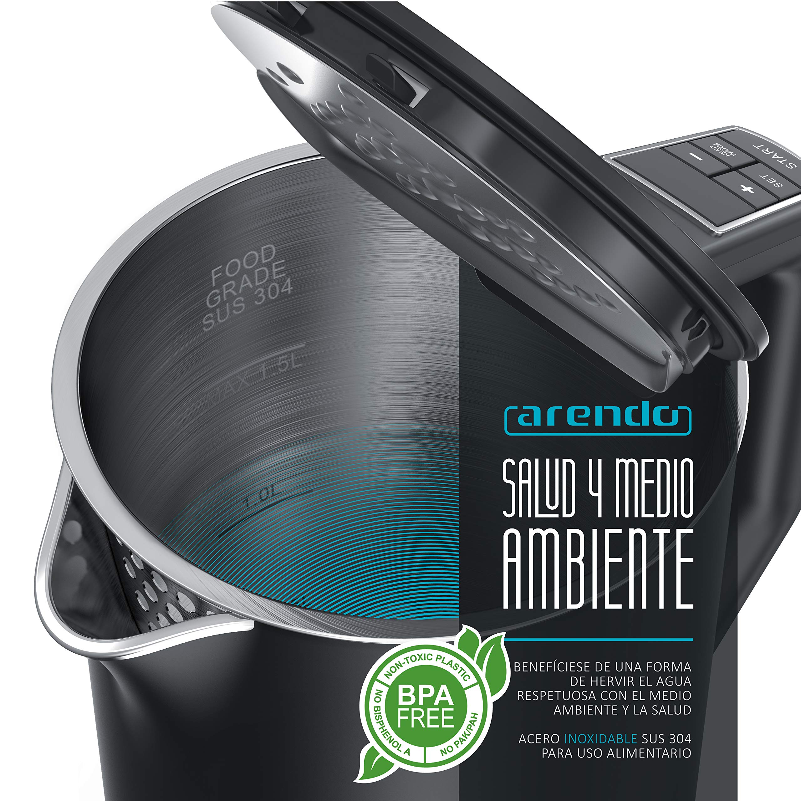 Arendo - Hervidor de agua eléctrico 1,5 litro, Tetera con ajuste de temperatura de 40°C a 100°C, Modelo Elegant, Diseño de doble pared, Acero inoxidable, Fácil de limpiar, Para té café infusión, negro