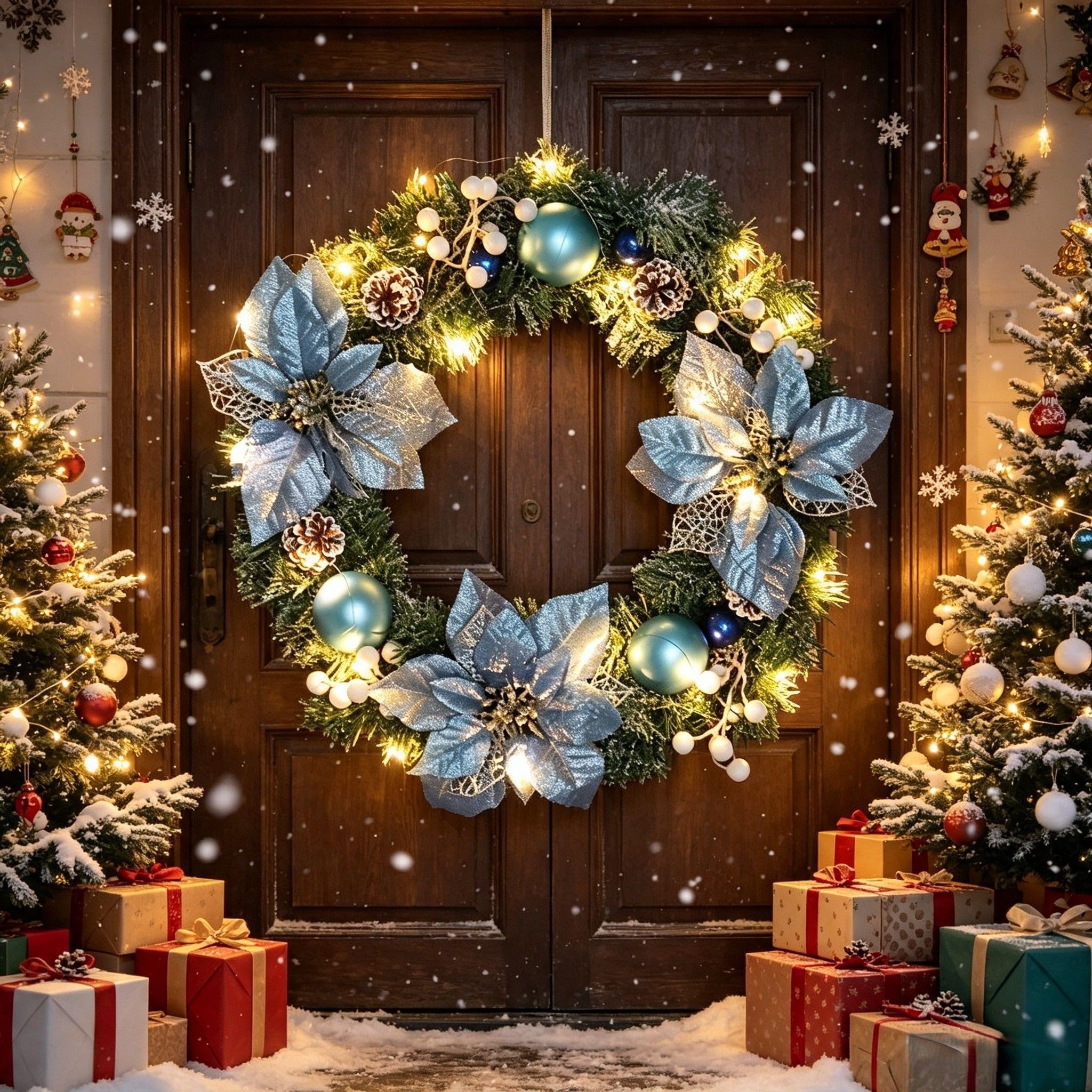 Weihnachtskranz Blau Stoffblüten Robust Plastik(LED)