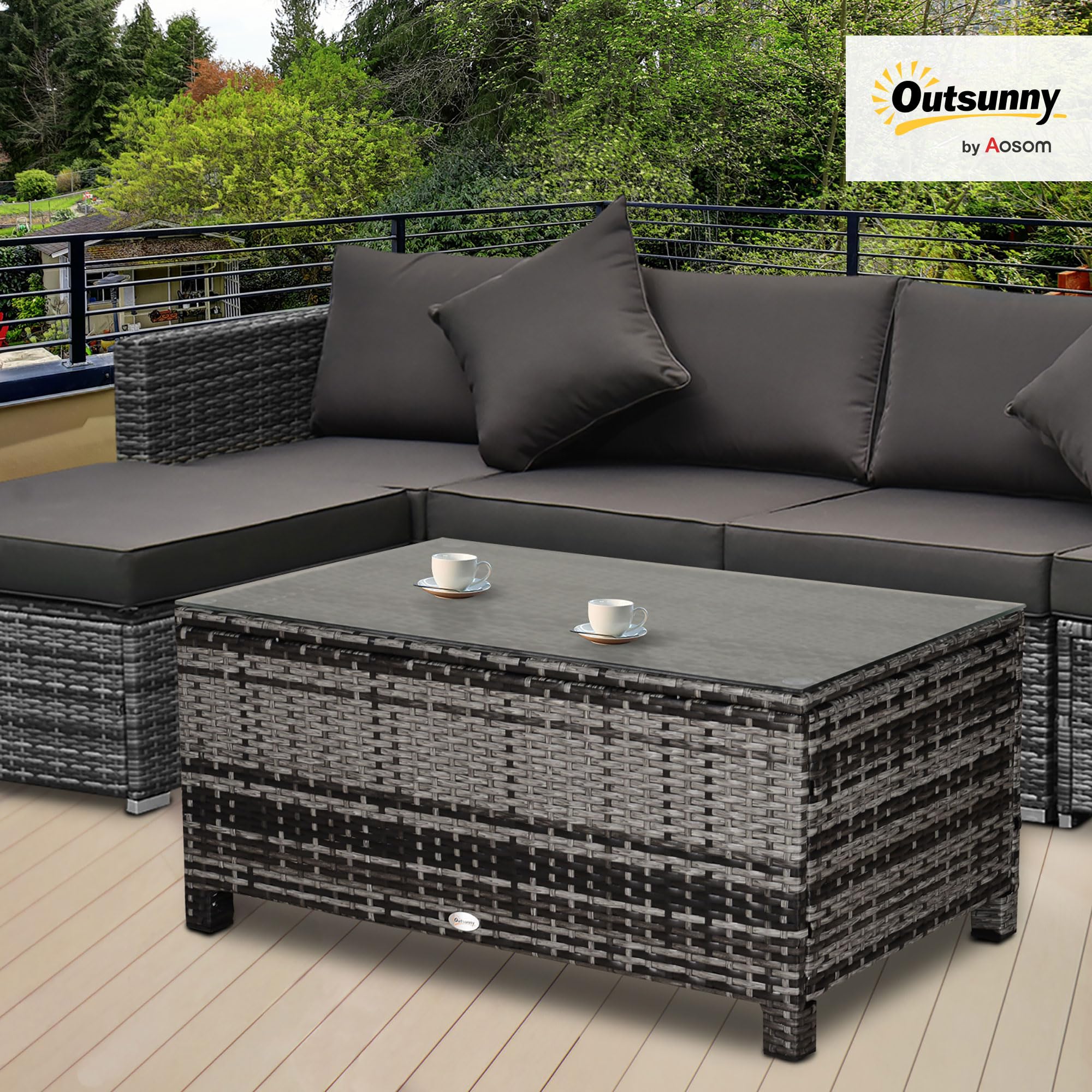 Outsunny Tavolino da giardino rattan sintetico vetro temperato 85x50x39 cm Grigio