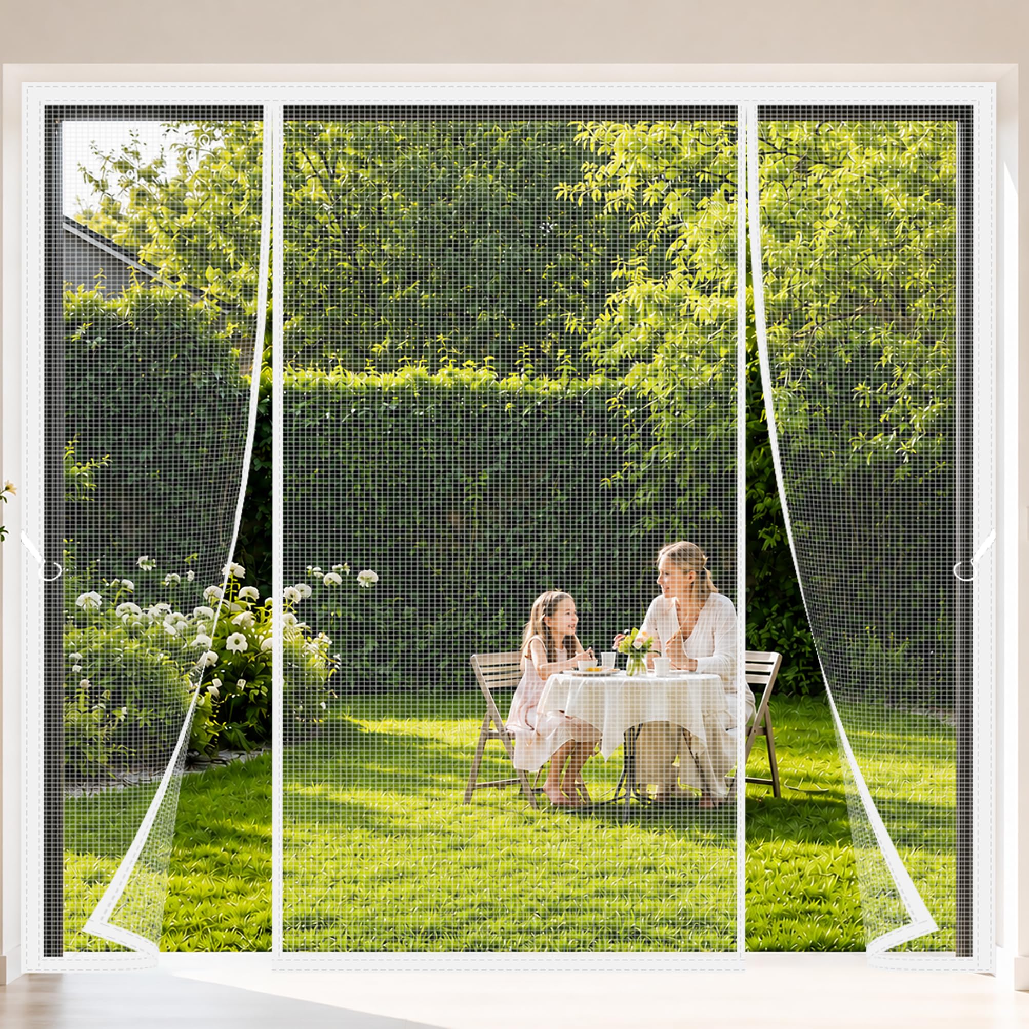 Magnetic French Door Screen White 235x245cm French Door Fly Screen Curtain for Patio Balcony Garage for Double Doors in conservatories and orangeries