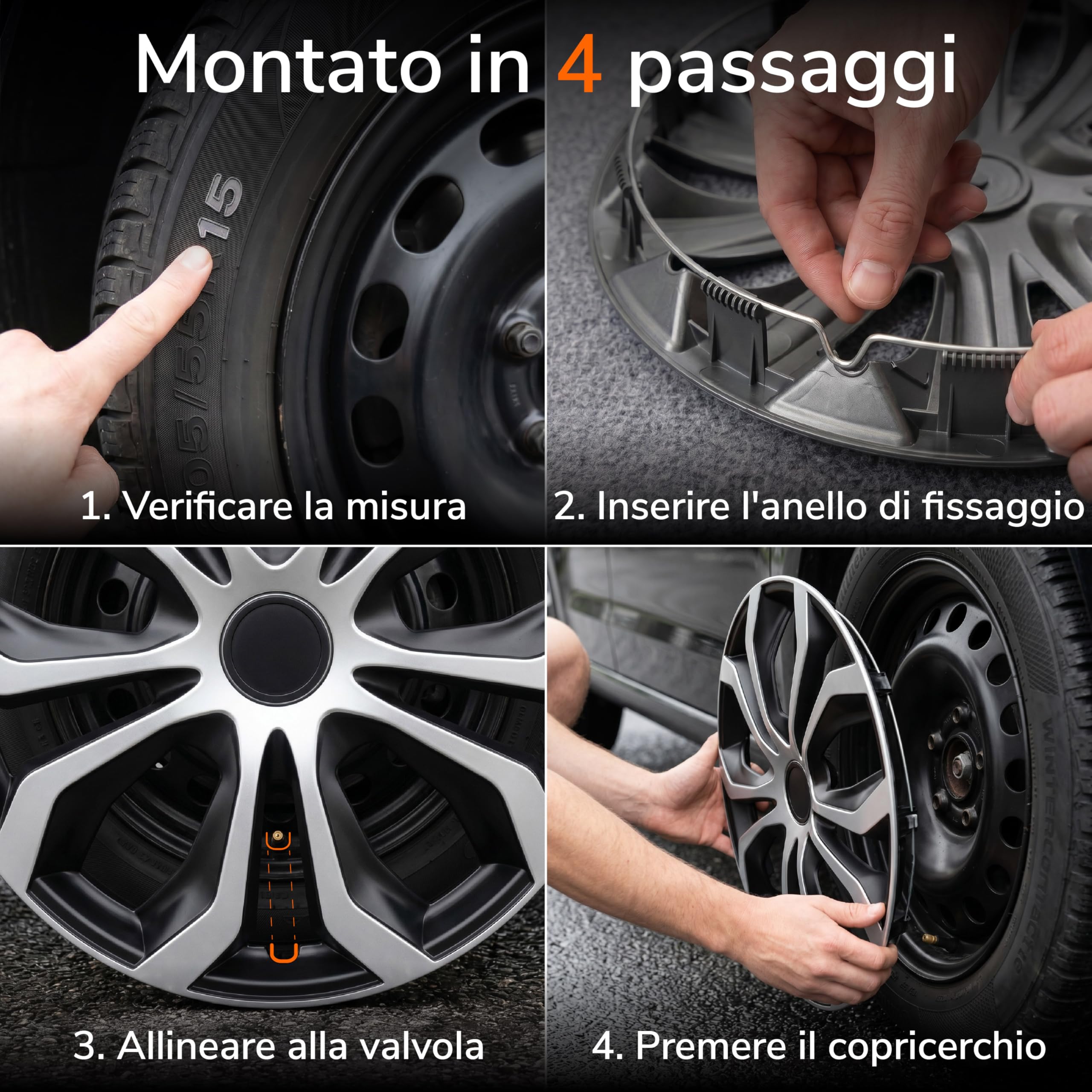 Upgrade4cars Copricerchi 15 Pollici Nero Argento Set di 4 | Coppe Ruota Universali per Cerchi in Acciaio | Borchie Robuste in Plastica ABS | Copriruota Auto R15