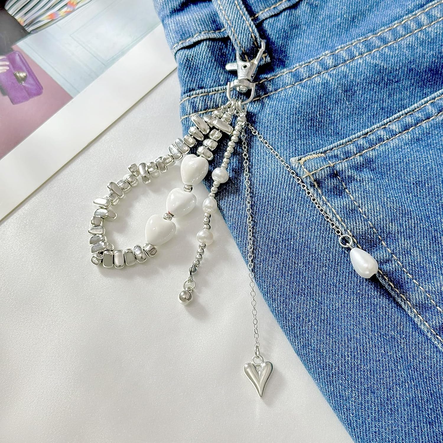 Punk Metal Chain Tassel Keychain Wristlet Irregular Beaded Hearts Silver Bag Charms For Handbags Y2K Key Chain Aesthetic Pearl Heart Pendant Purse Charms Key Chains Women Cute Keychain Accessories - Image 7