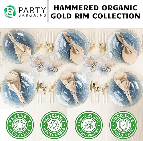 Miniatura 2 de PARTY BARGAINS Juego de platos llanos orgánicos martillados de 7 y 10 pulgadas, paquete de 32, platos azules transparentesborde dorado, platos de
